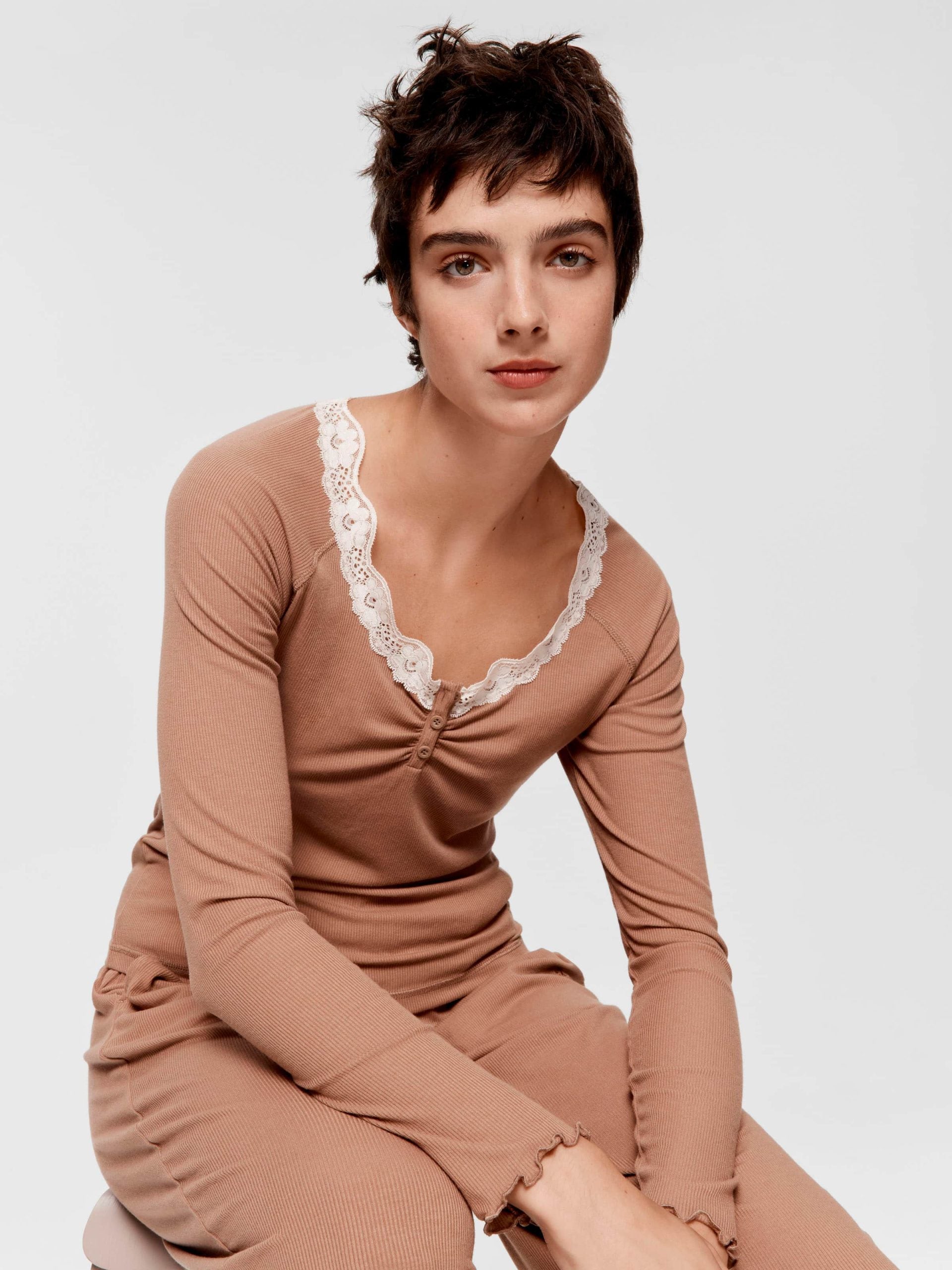 Brown Lace Trim Bamboo Rib Henley Long Sleeve Top Brown image 0