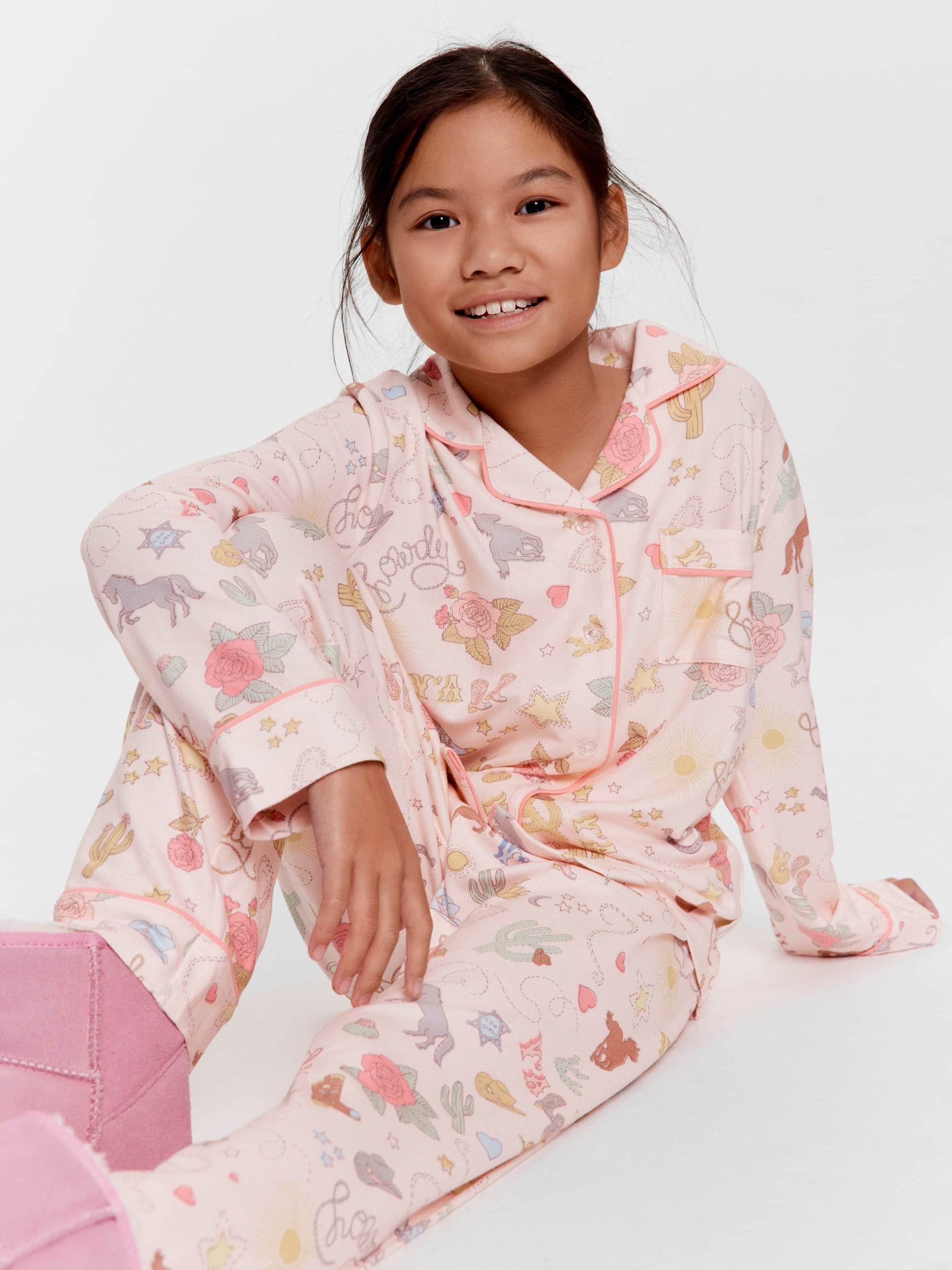 Girls Cowboy Print Long Plush Classic Pj Set Multi image 0