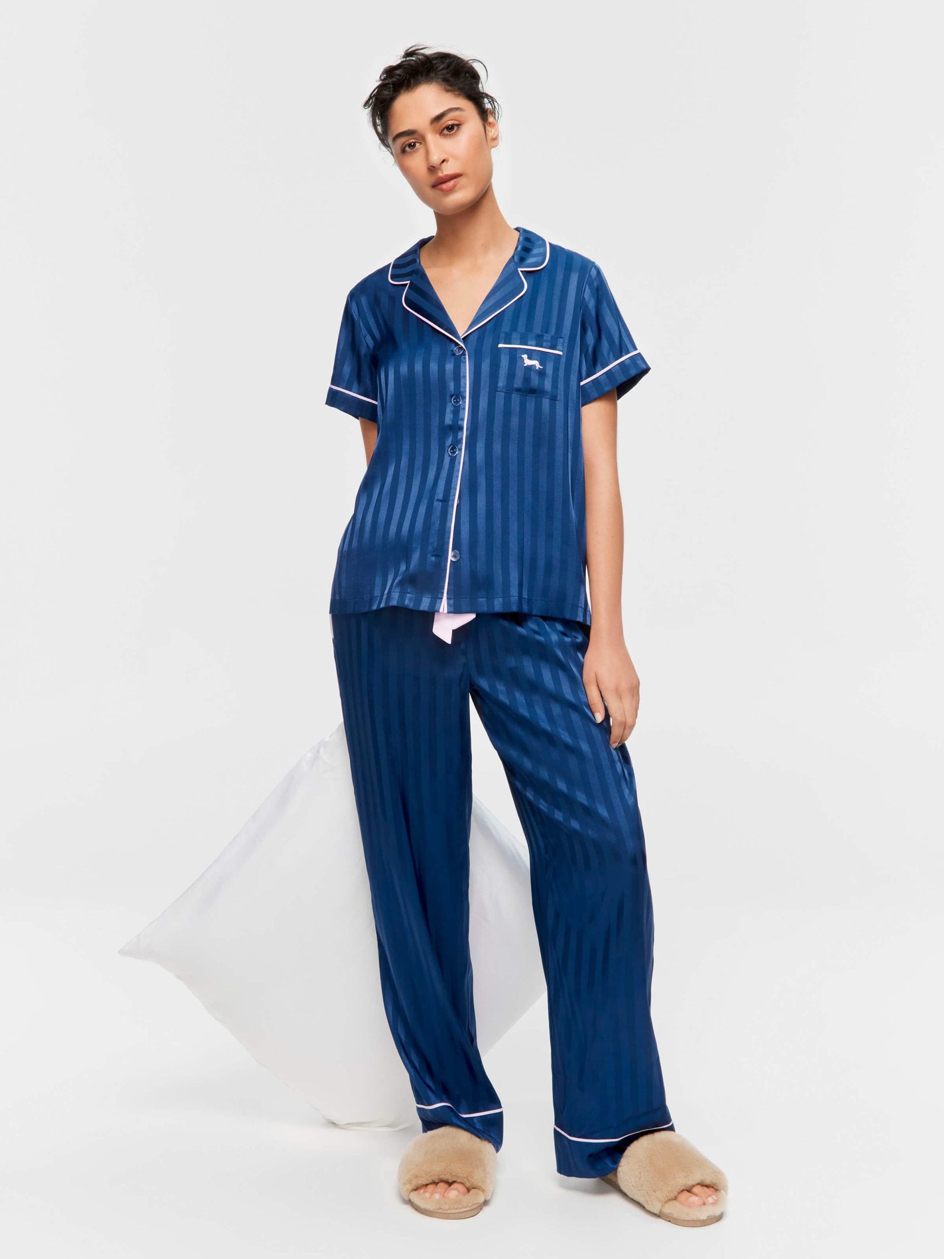 Navy Stripe Chic Satin Short Sleeve &amp;amp; Pant Pj Set Navy Stripe image 1