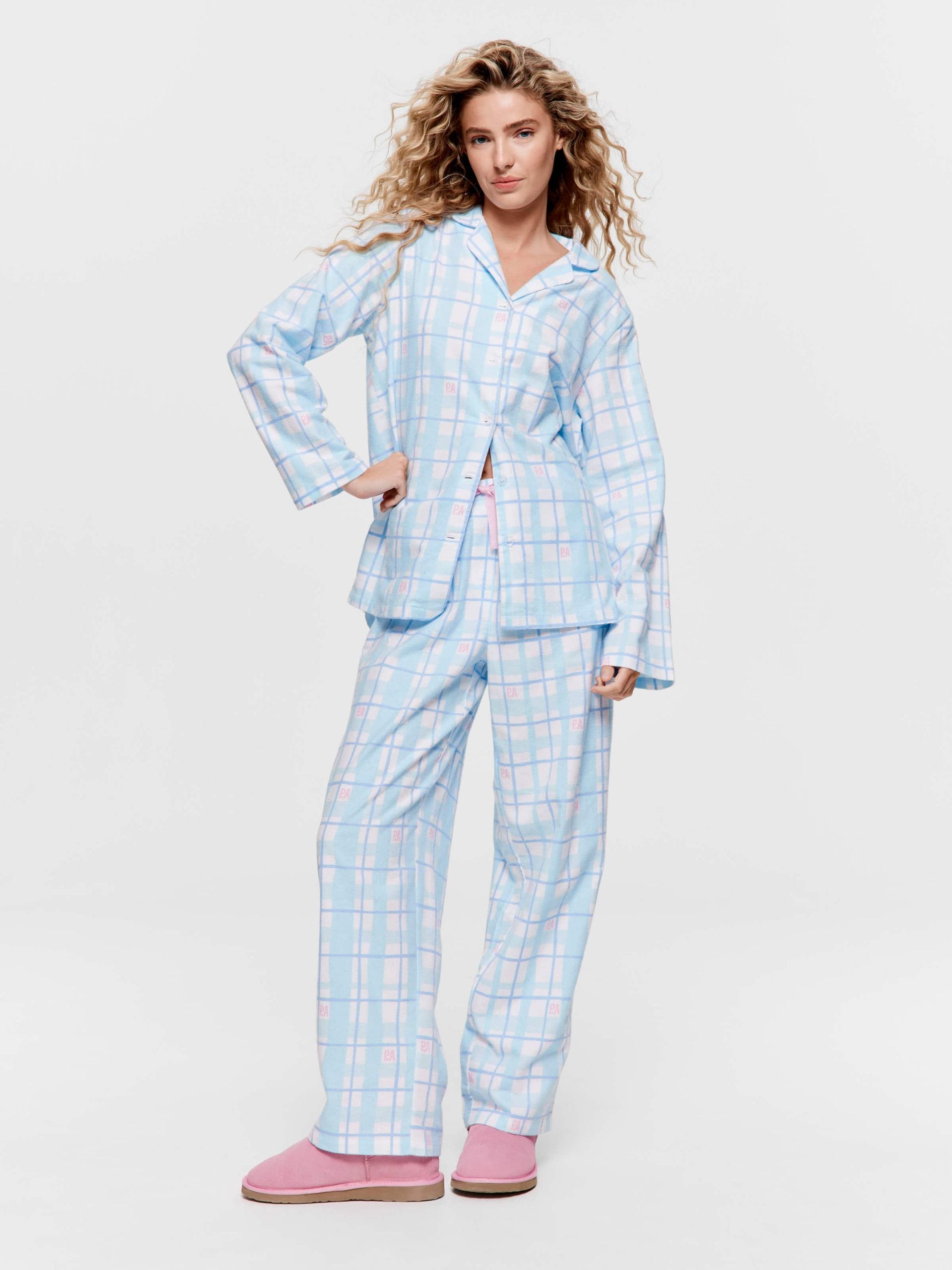 Blue Windowpane Check Classic Flannelette Pj Set multi image 1