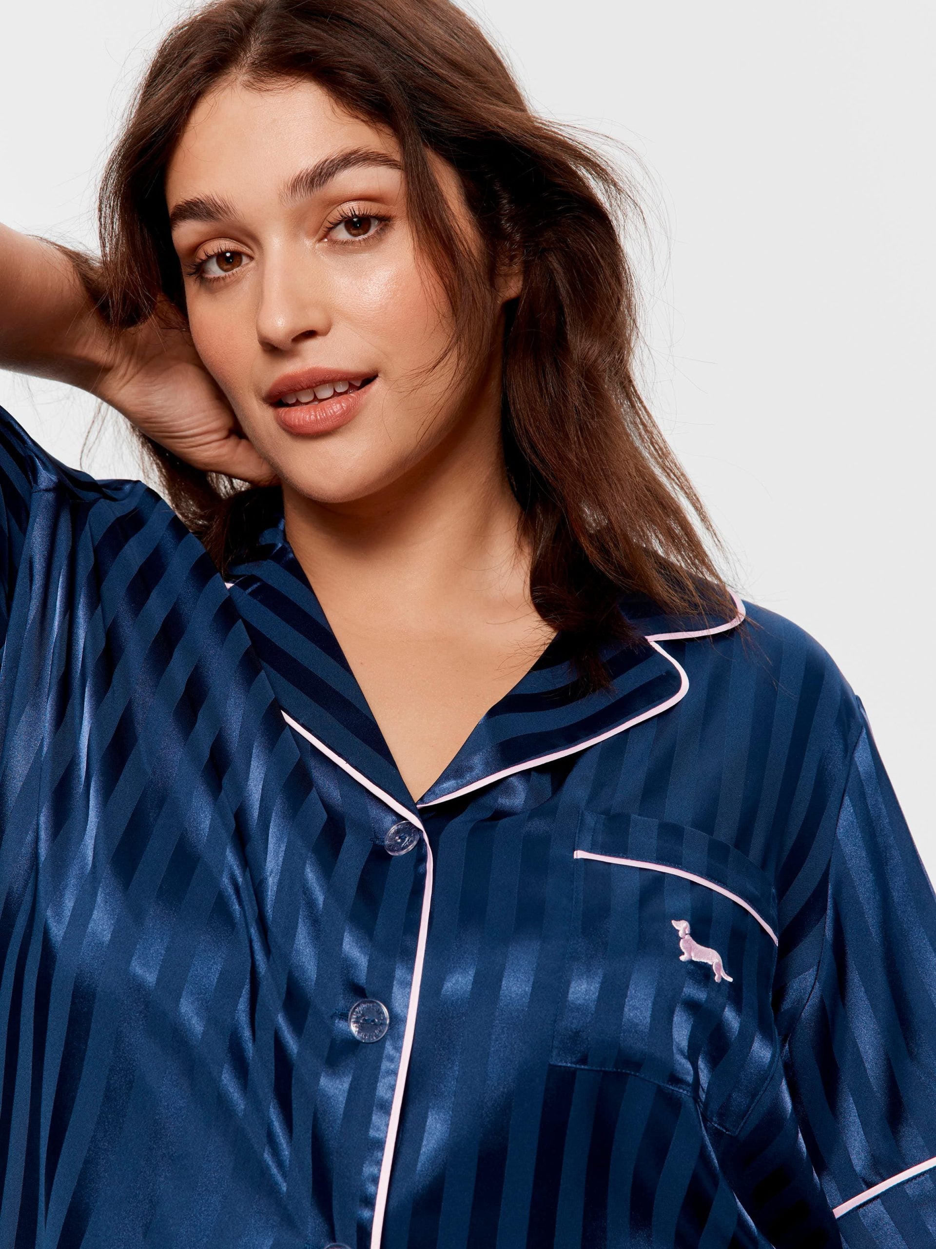 P.A. Plus Navy Stripe Chic Satin Short Sleeve &amp;amp; Pant Pj Set Navy Stripe image 3