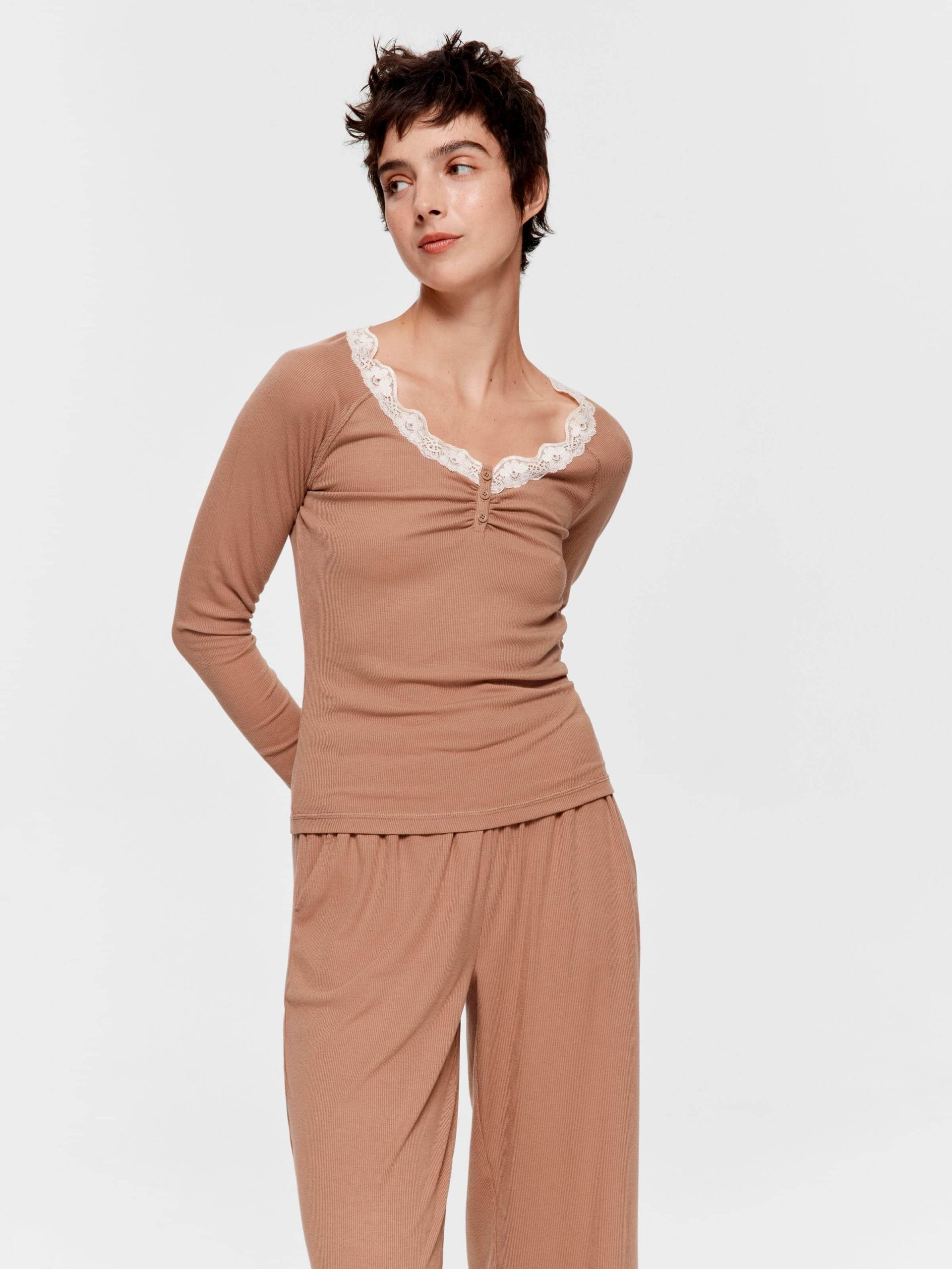 Brown Lace Trim Bamboo Rib Henley Long Sleeve Top Brown image 1