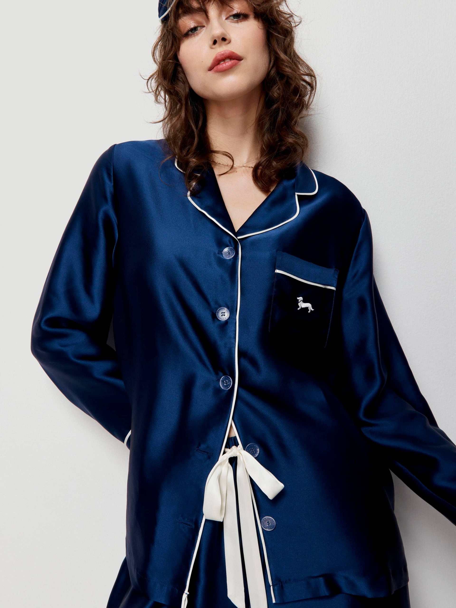 Navy Mulberry Silk Pj Set With Eye Mask navy image 3