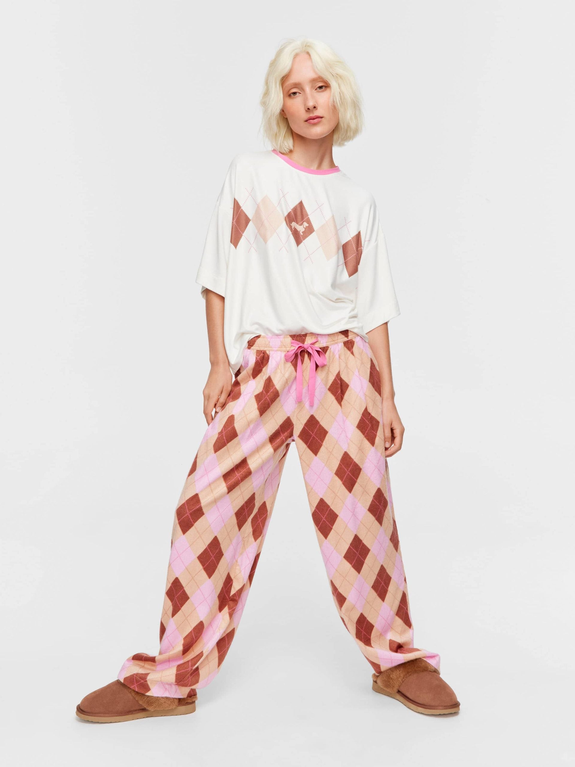 Caramel Argyle Bamboo Flannelette Wide Leg Pj Pant multi image 0