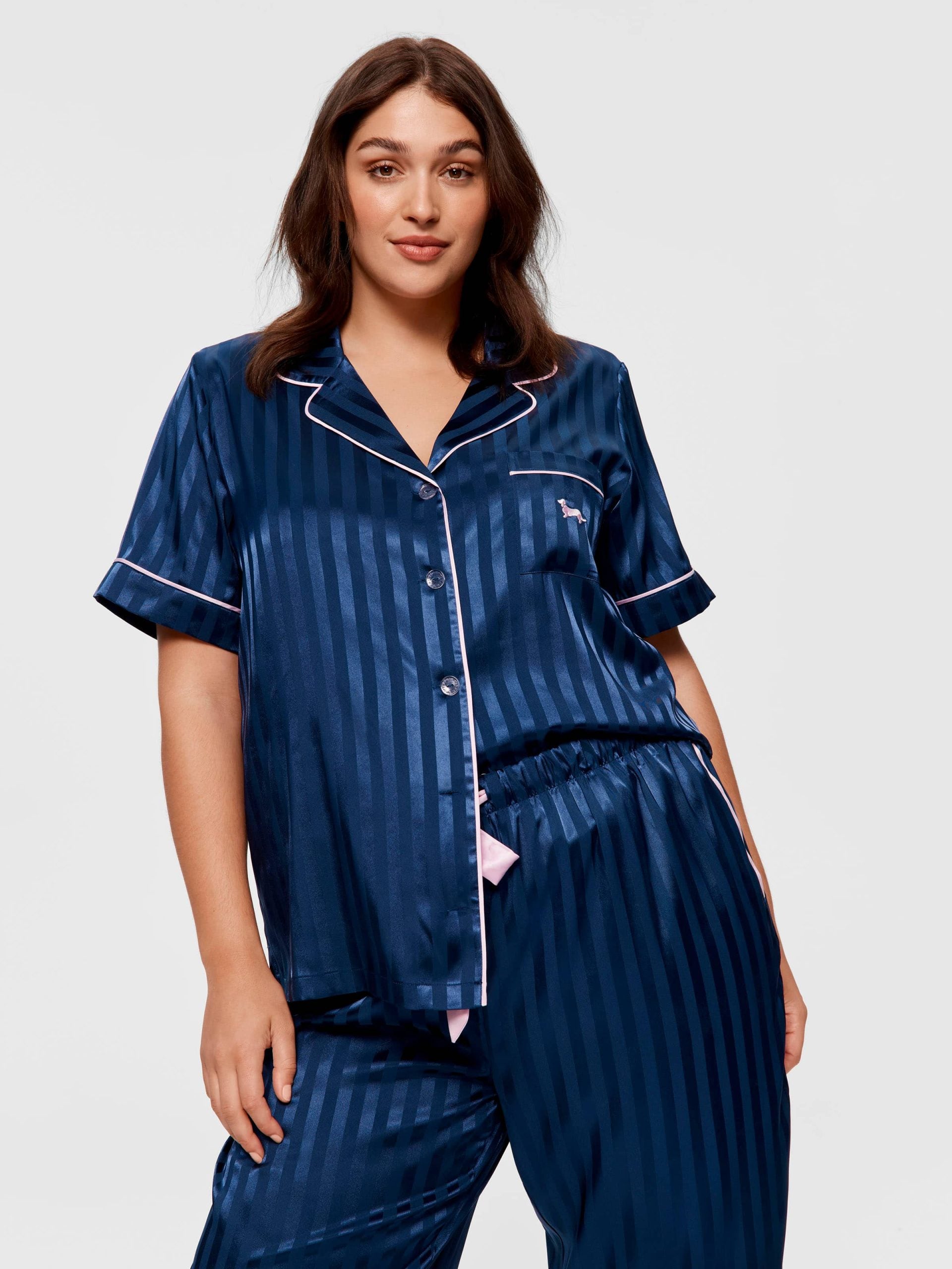 P.A. Plus Navy Stripe Chic Satin Short Sleeve &amp;amp; Pant Pj Set Navy Stripe image 2