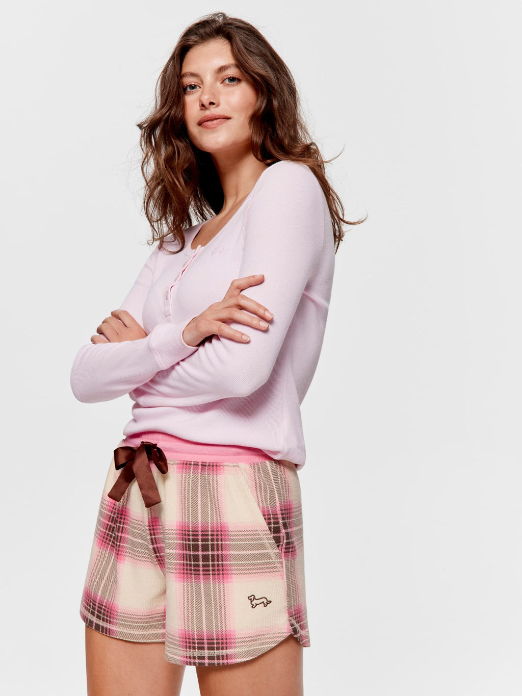 Brown & Pink Check Waffle Mid Short multi image 2