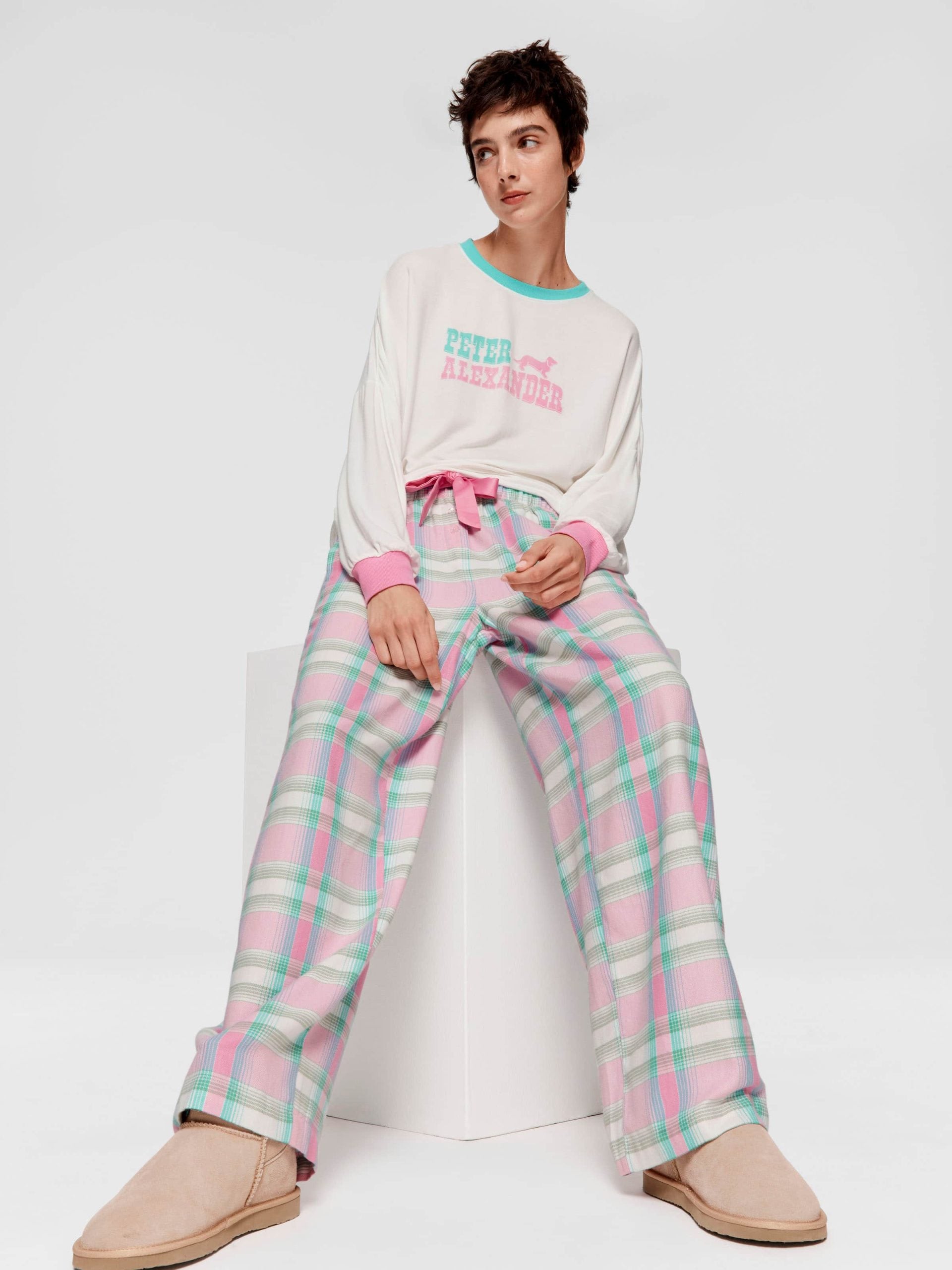 Pink Check Wide Leg Bamboo Flannelette Pj Pant Multi image 0