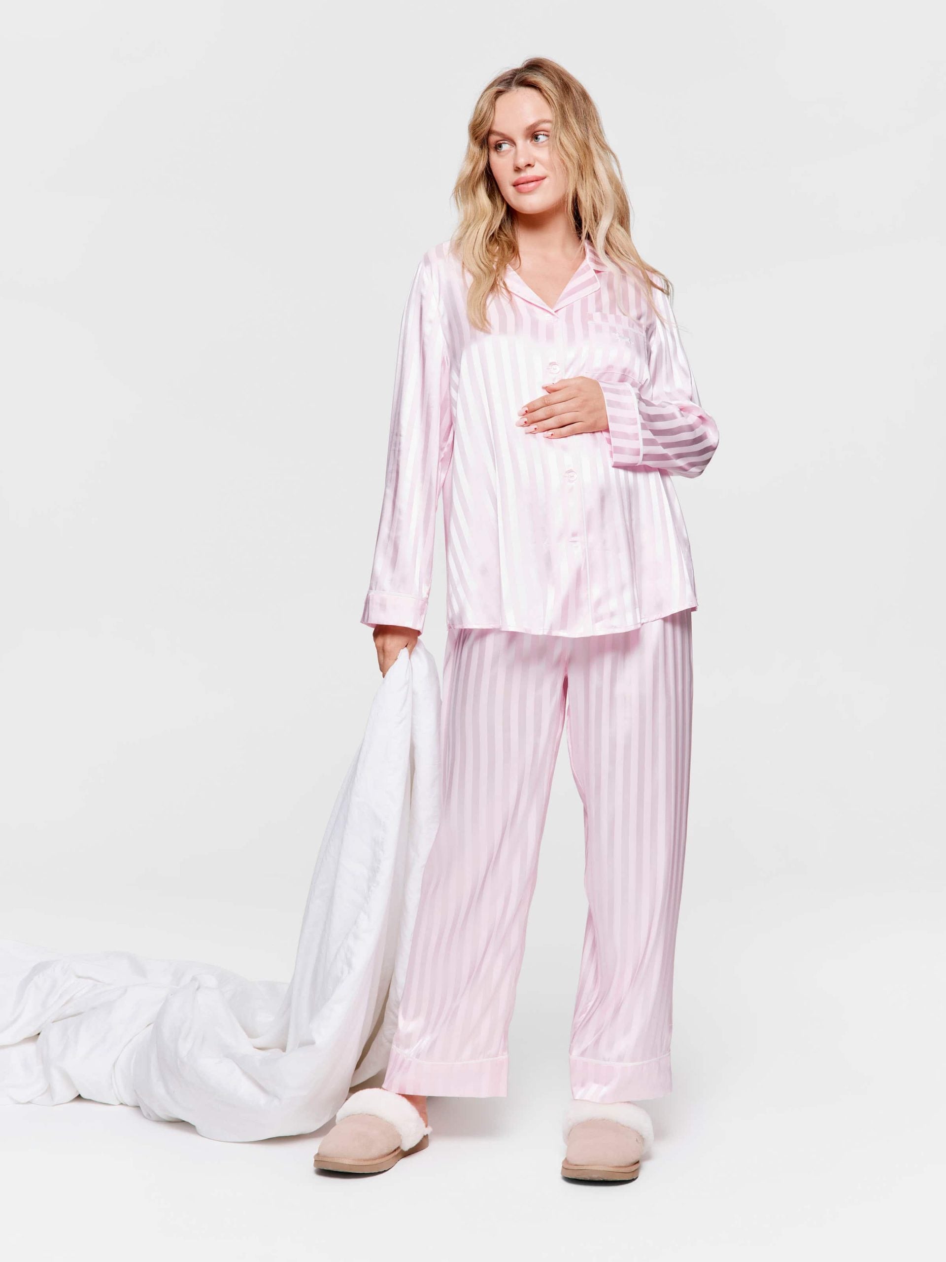 Maternity Long Pink Stripe Chic Satin Pj Set pink image 0
