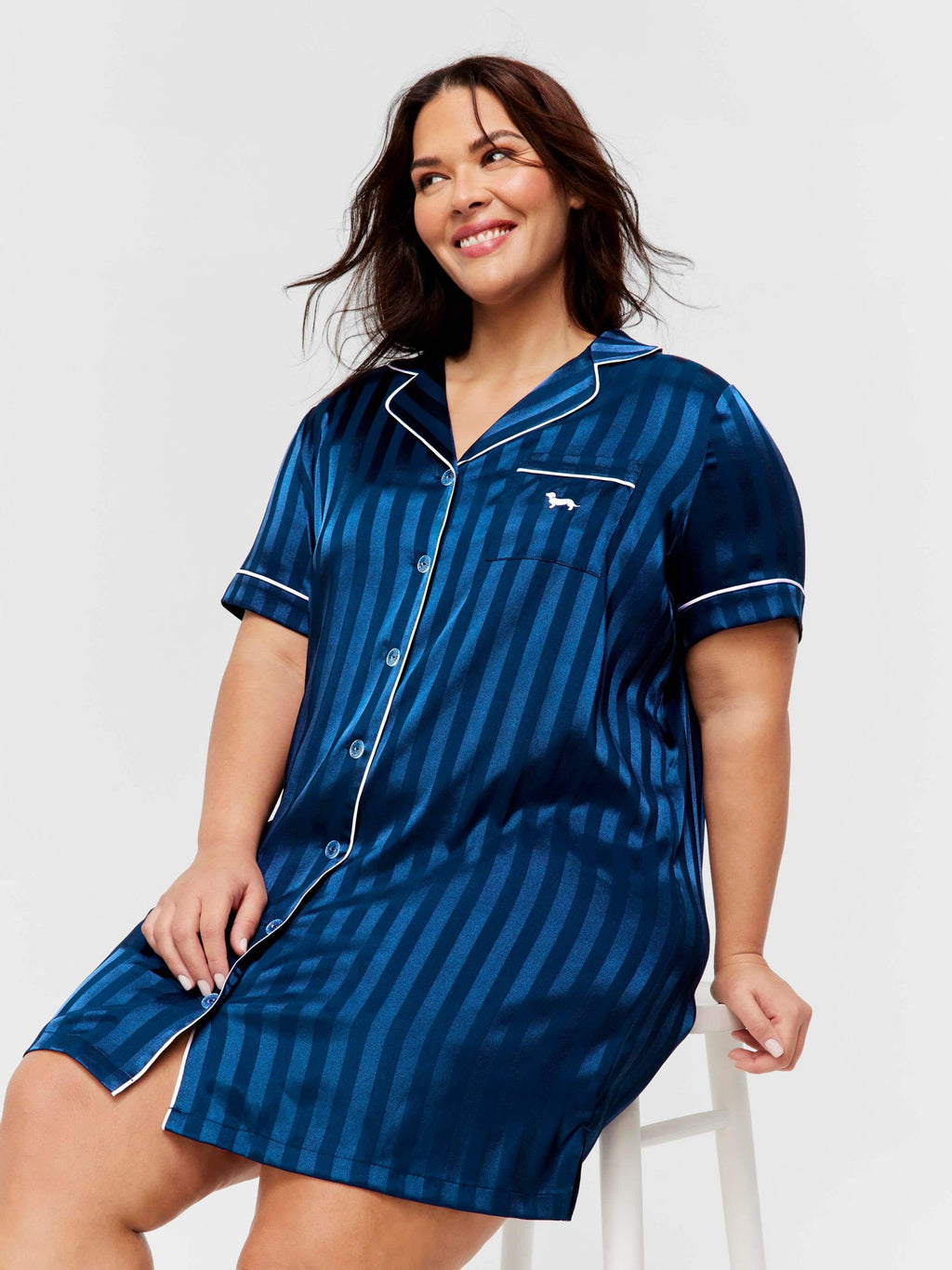 P.A. Plus Navy Stripe Short Sleeve Satin Nightshirt Navy image 0