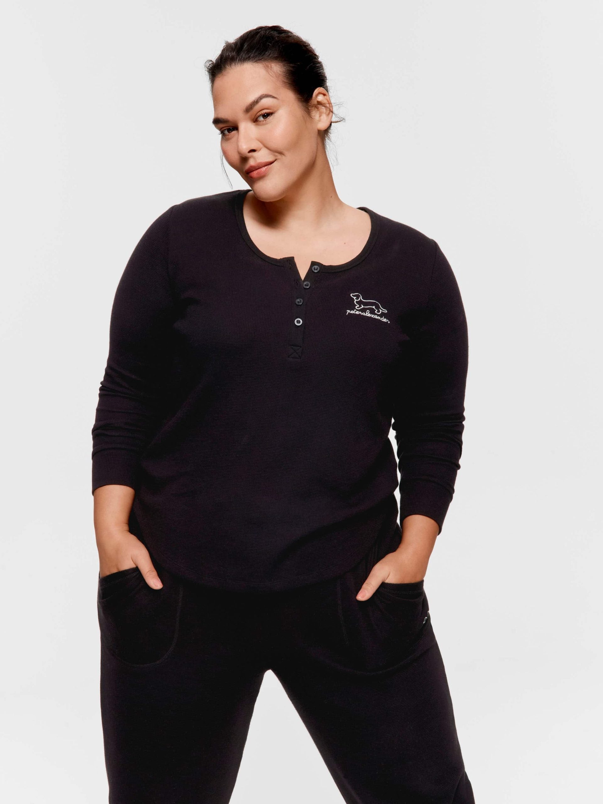 P.A. Plus Black Waffle Henley Long Sleeve Top Black image 2