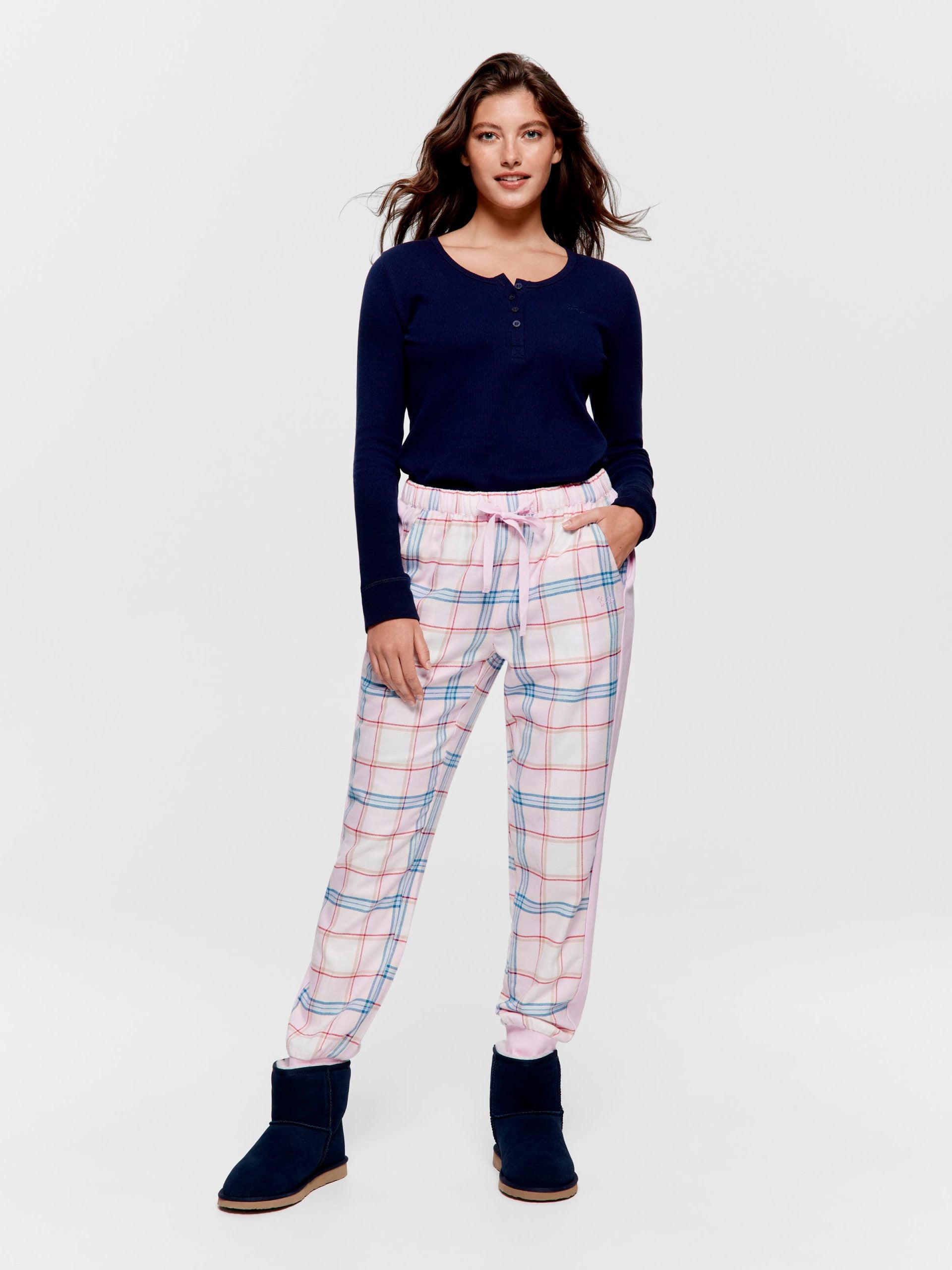 Check Pink & Navy Flannelette Cuff Pj Pant multi image 0