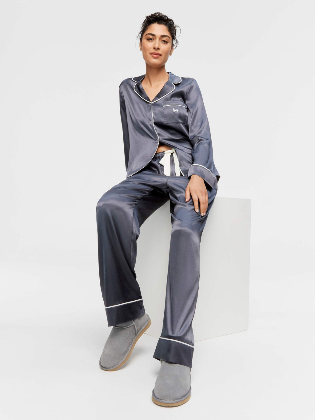 Charcoal Chic Satin Long Sleeve Pj Set charcoal image 2