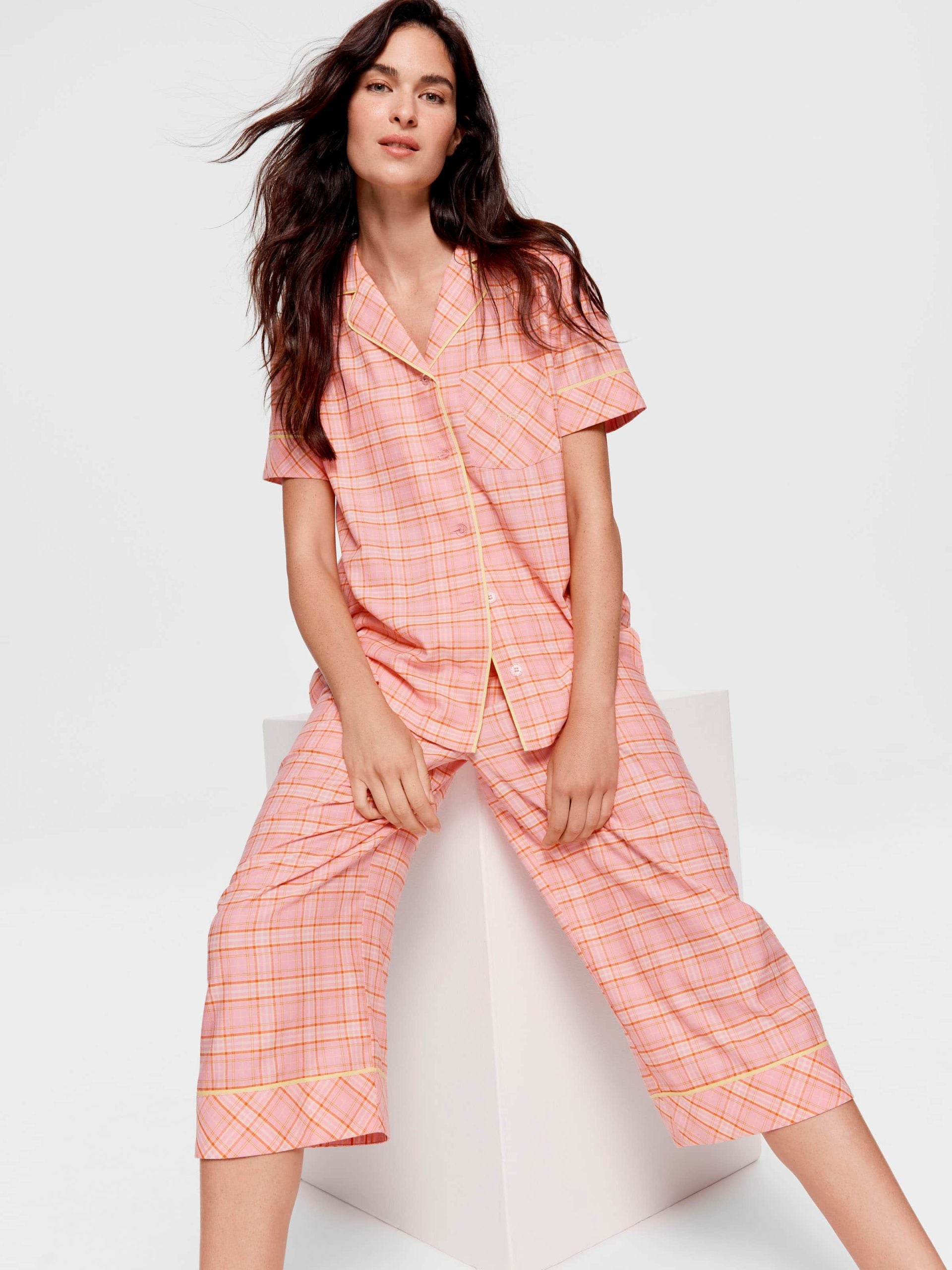 Pink &amp;amp; Yellow Check 100% Cotton 3/4 Pj Set Multi image 1