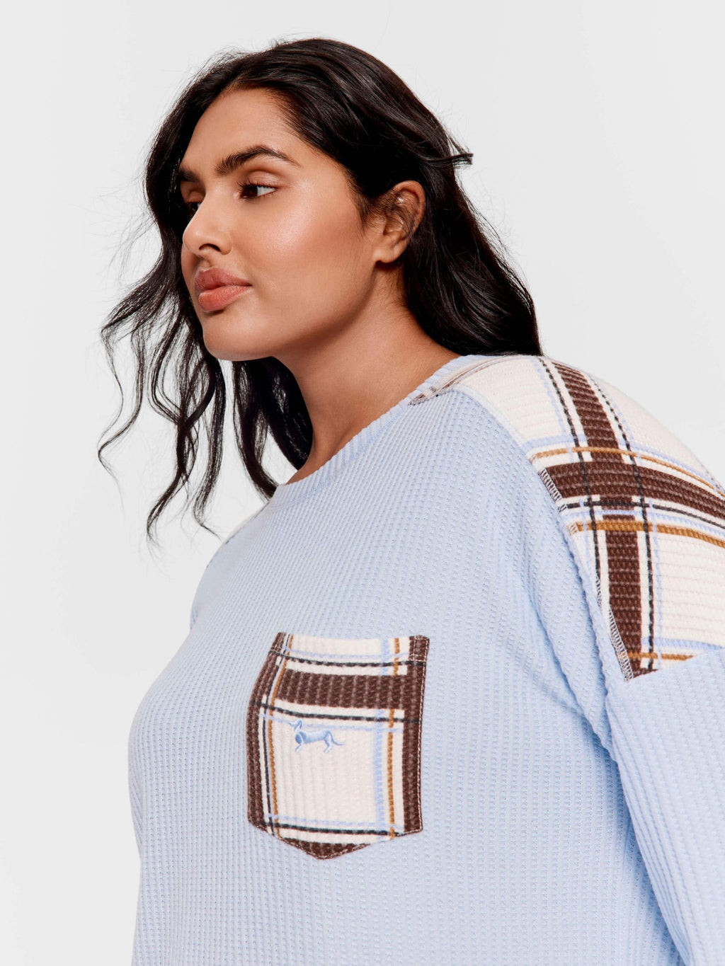 P.A. Plus Brushed Waffle Check Oversized Long Sleeve Top Blue image 2
