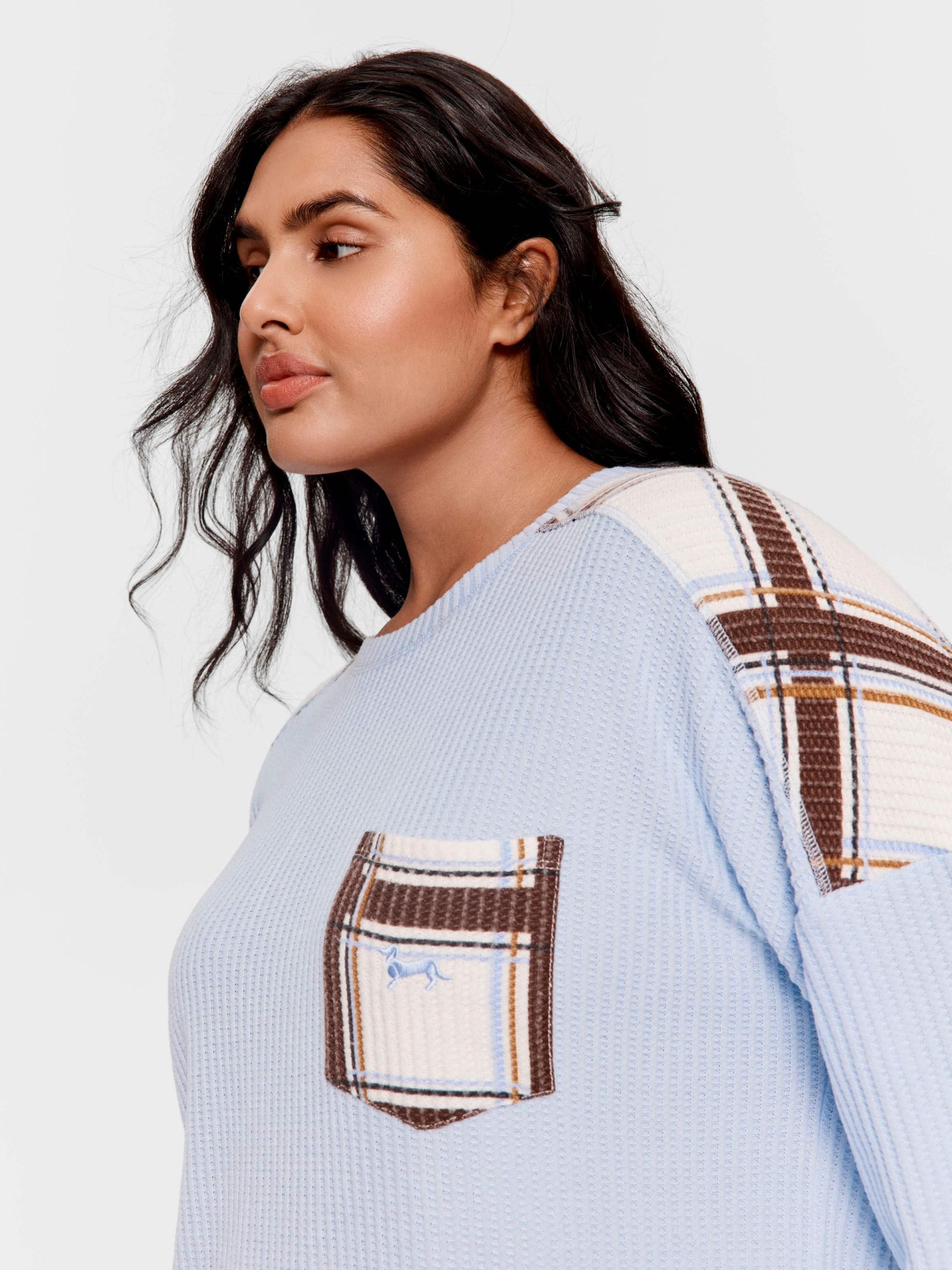 P.A. Plus Brushed Waffle Check Oversized Long Sleeve Top Blue image 2