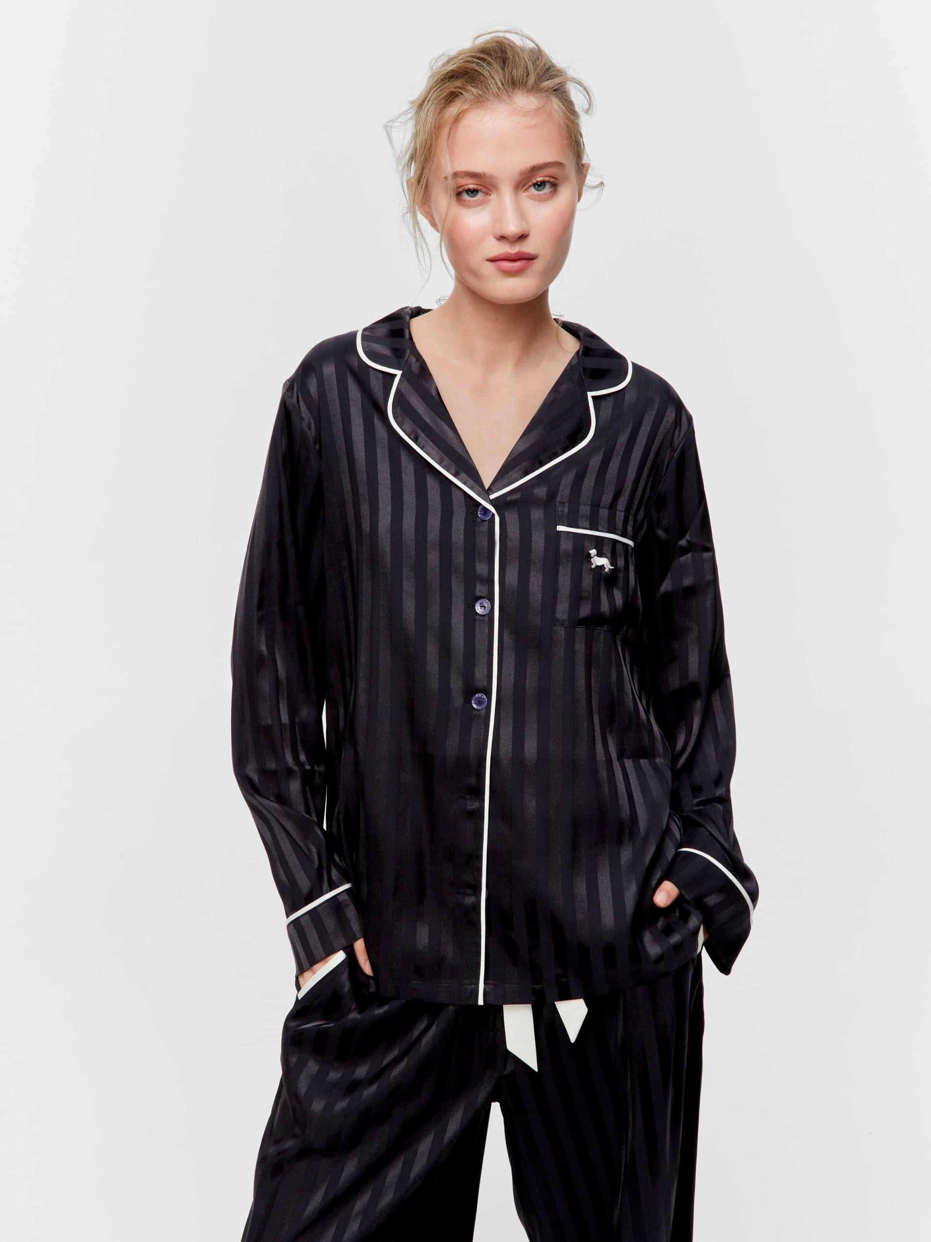 Black Stripe Chic Satin Long Pj Set Black Stripe image 2