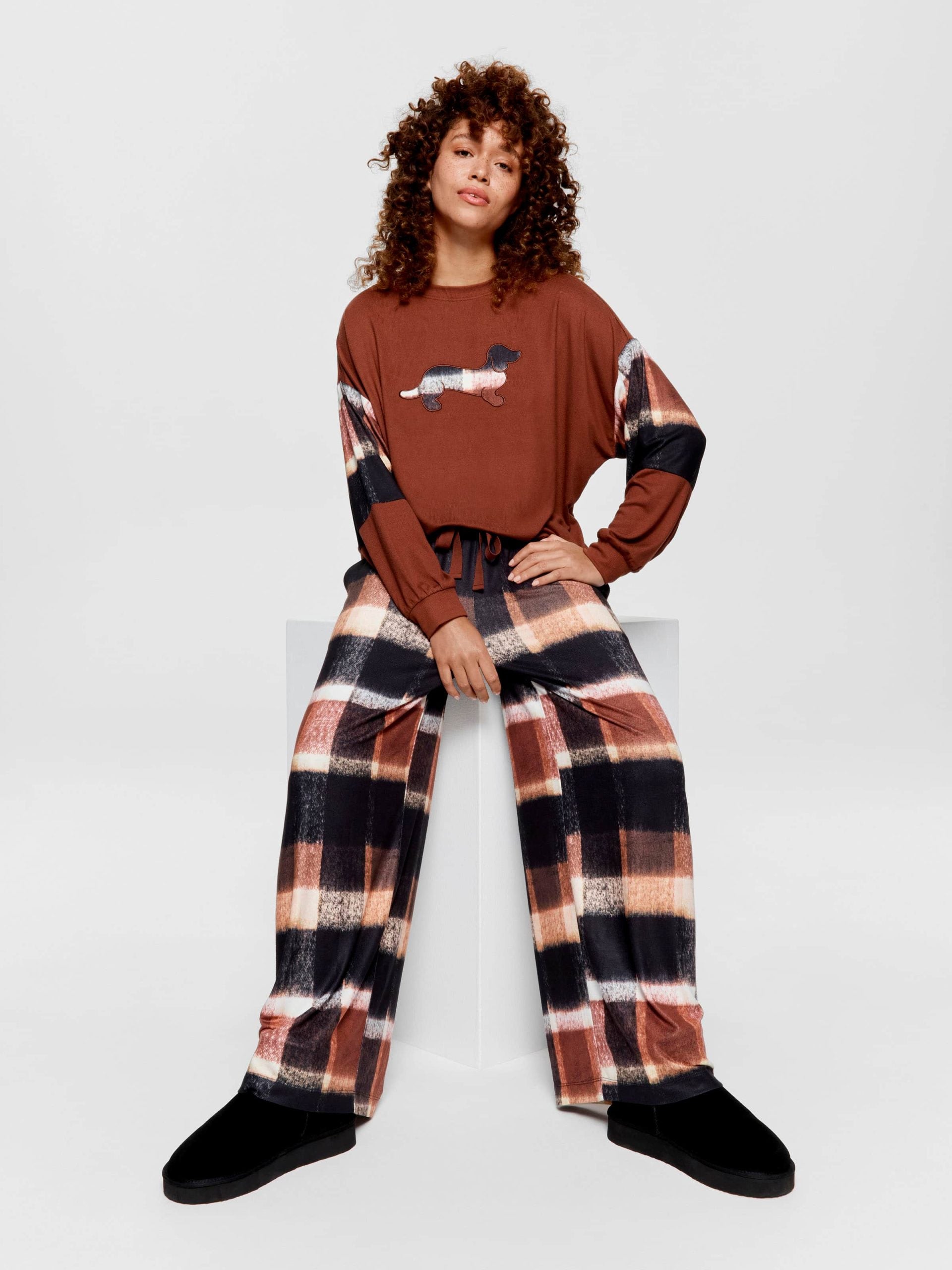 Brown Check Wide Leg Plush Pj Pant multi image 1