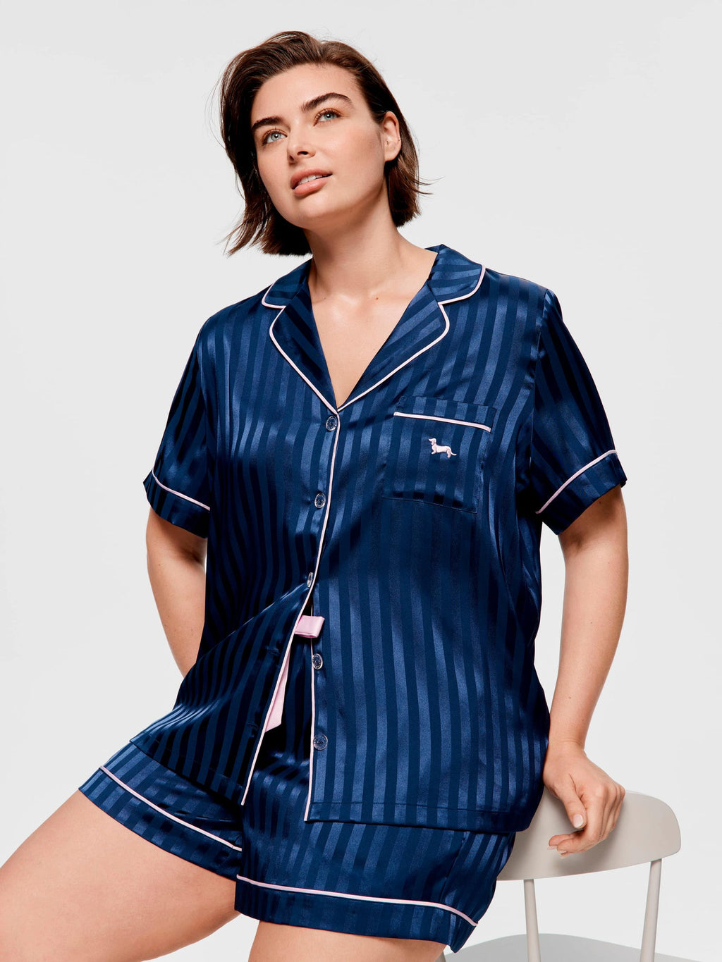 P.A. Plus Navy Stripe Chic Satin Shortie Pj Set Navy Stripe image 3