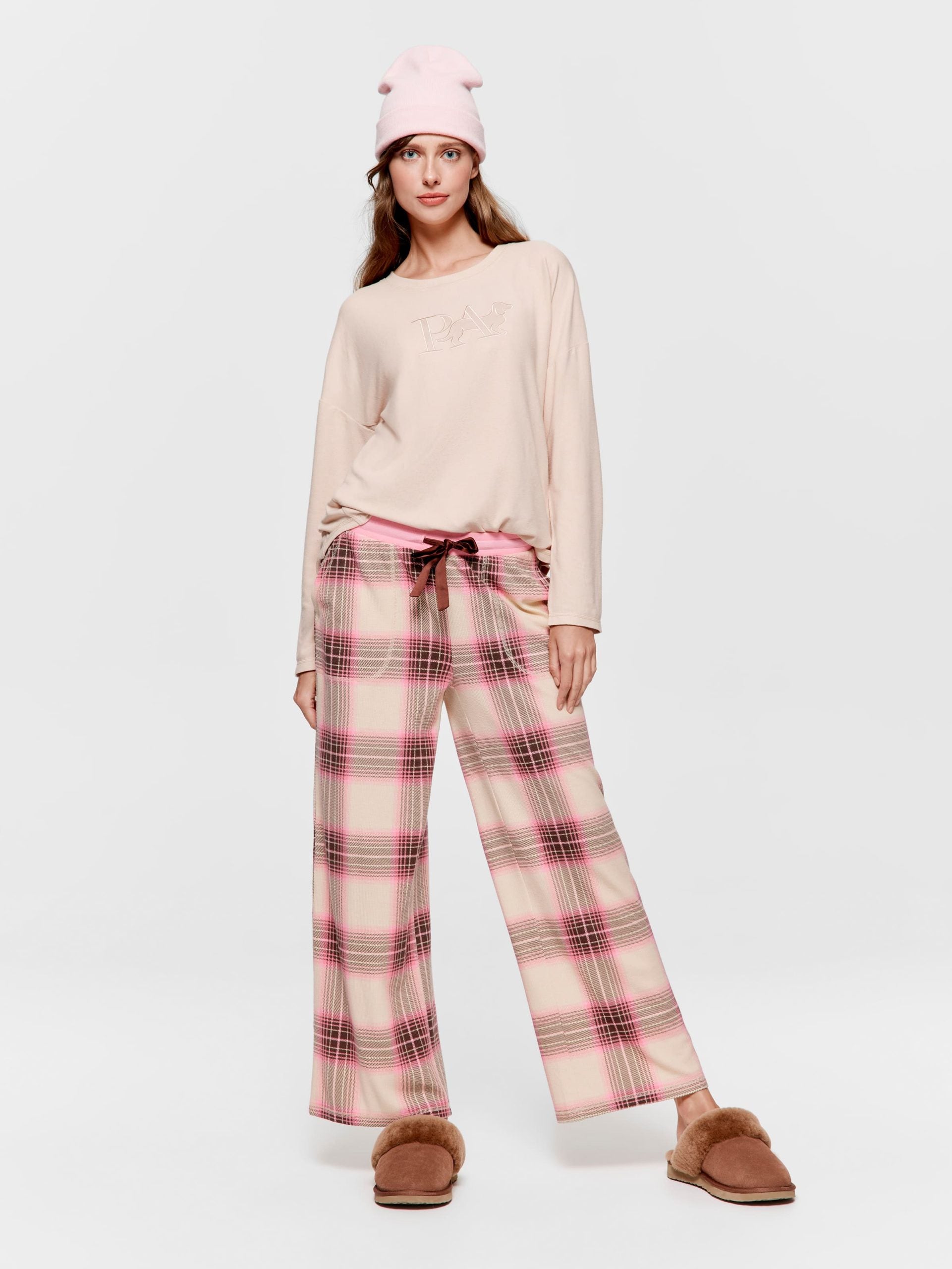 Pink & Brown Waffle Check Wide Leg Pj Pant multi image 0