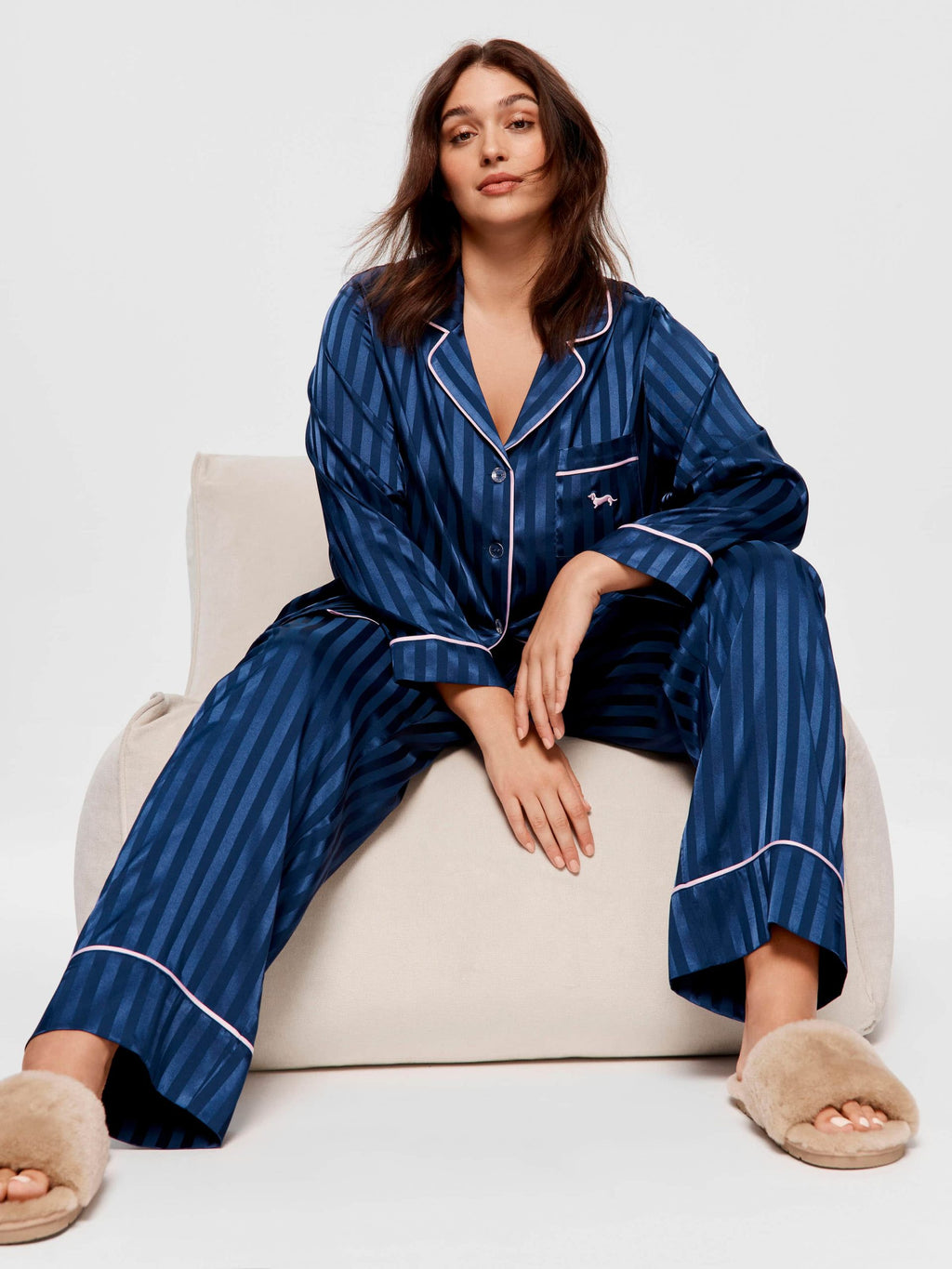 P.A. Plus Navy Stripe Chic Satin Long Sleeve Pj Set Navy Stripe image 0