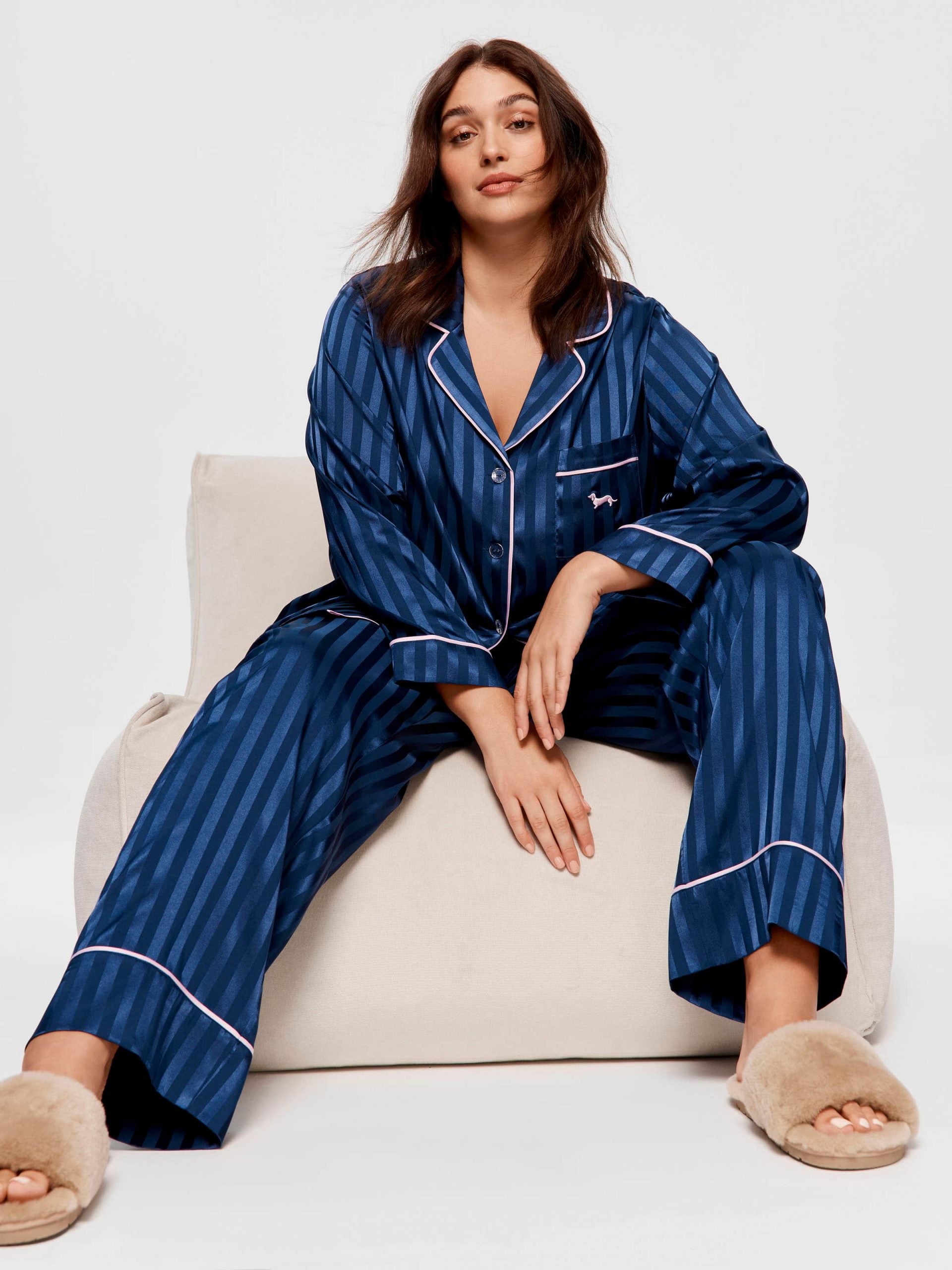 P.A. Plus Navy Stripe Chic Satin Long Sleeve Pj Set Navy Stripe image 0