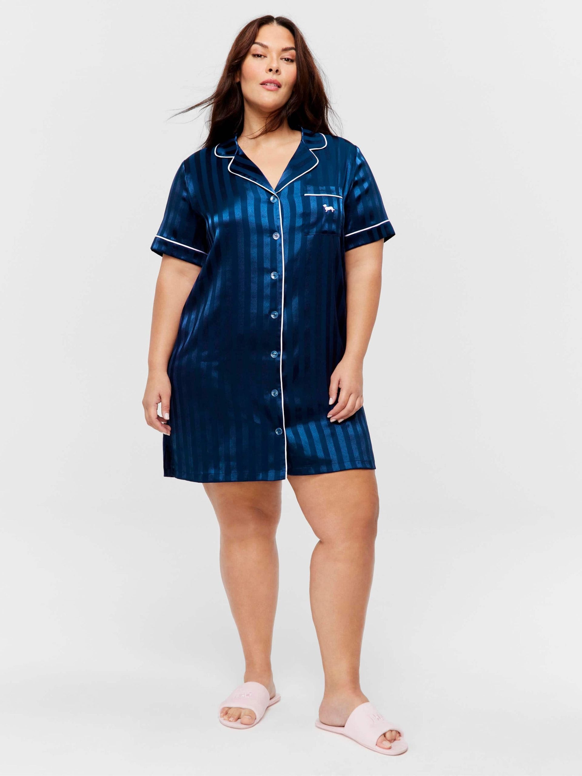 P.A. Plus Navy Stripe Short Sleeve Satin Nightshirt Navy image 1