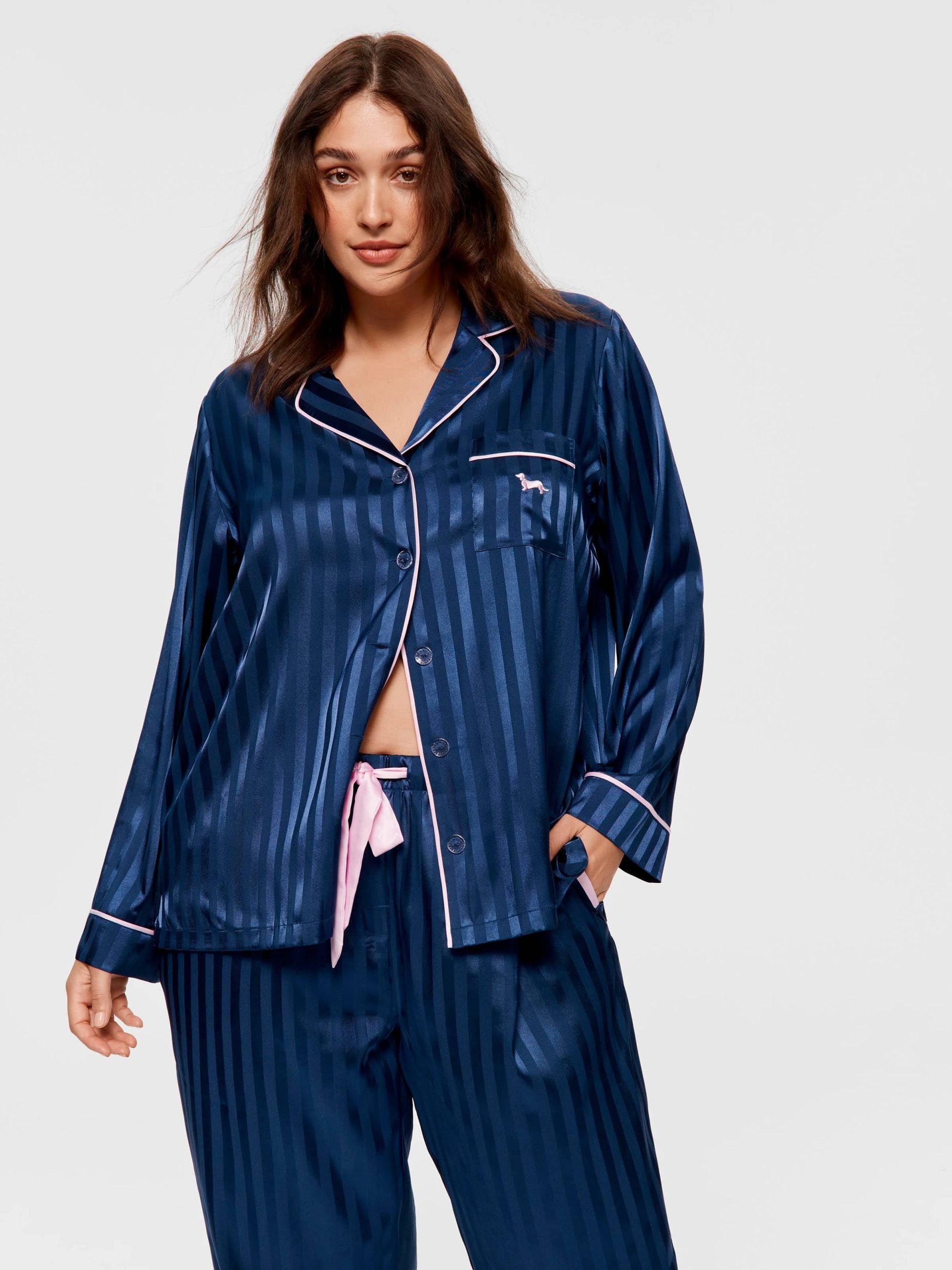 P.A. Plus Navy Stripe Chic Satin Long Sleeve Pj Set Navy Stripe image 3