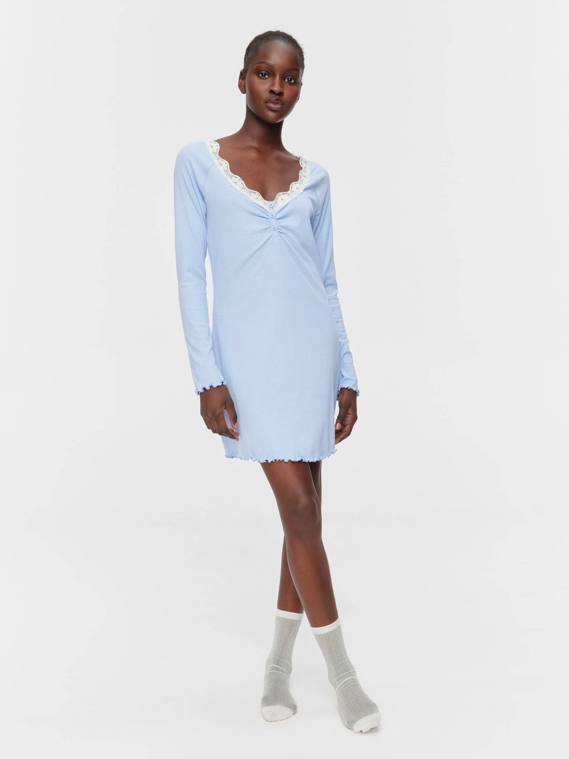 Bamboo Rib Long Sleeve Lace Trim Nightie Blue image 0