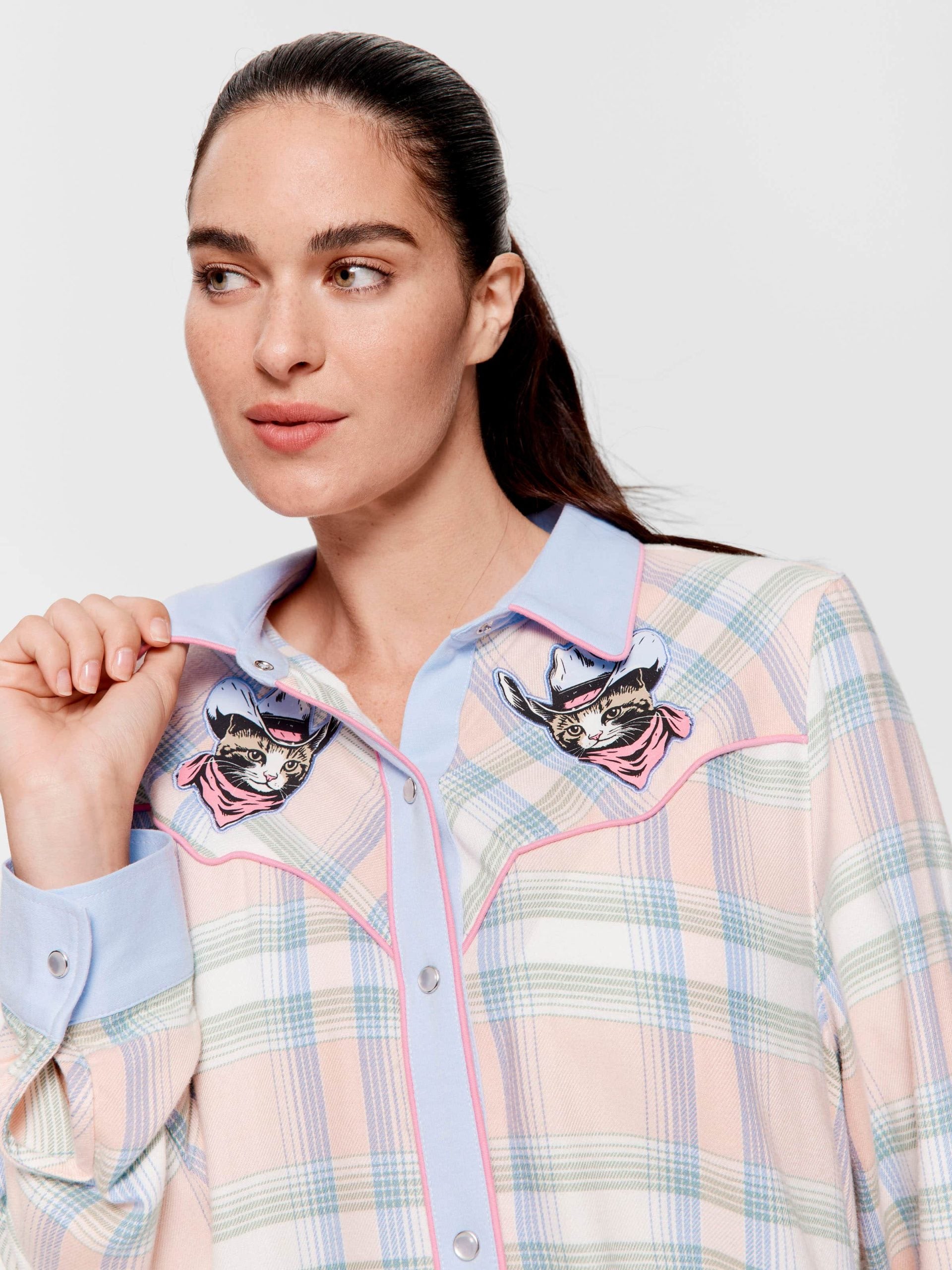 Cowboy Kitty Long Sleeve Flannelette Nightshirt Multi image 1