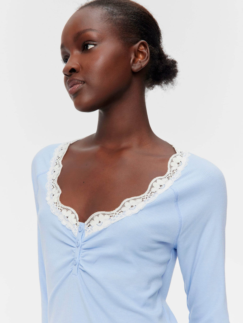 Bamboo Rib Long Sleeve Lace Trim Nightie Blue image 2