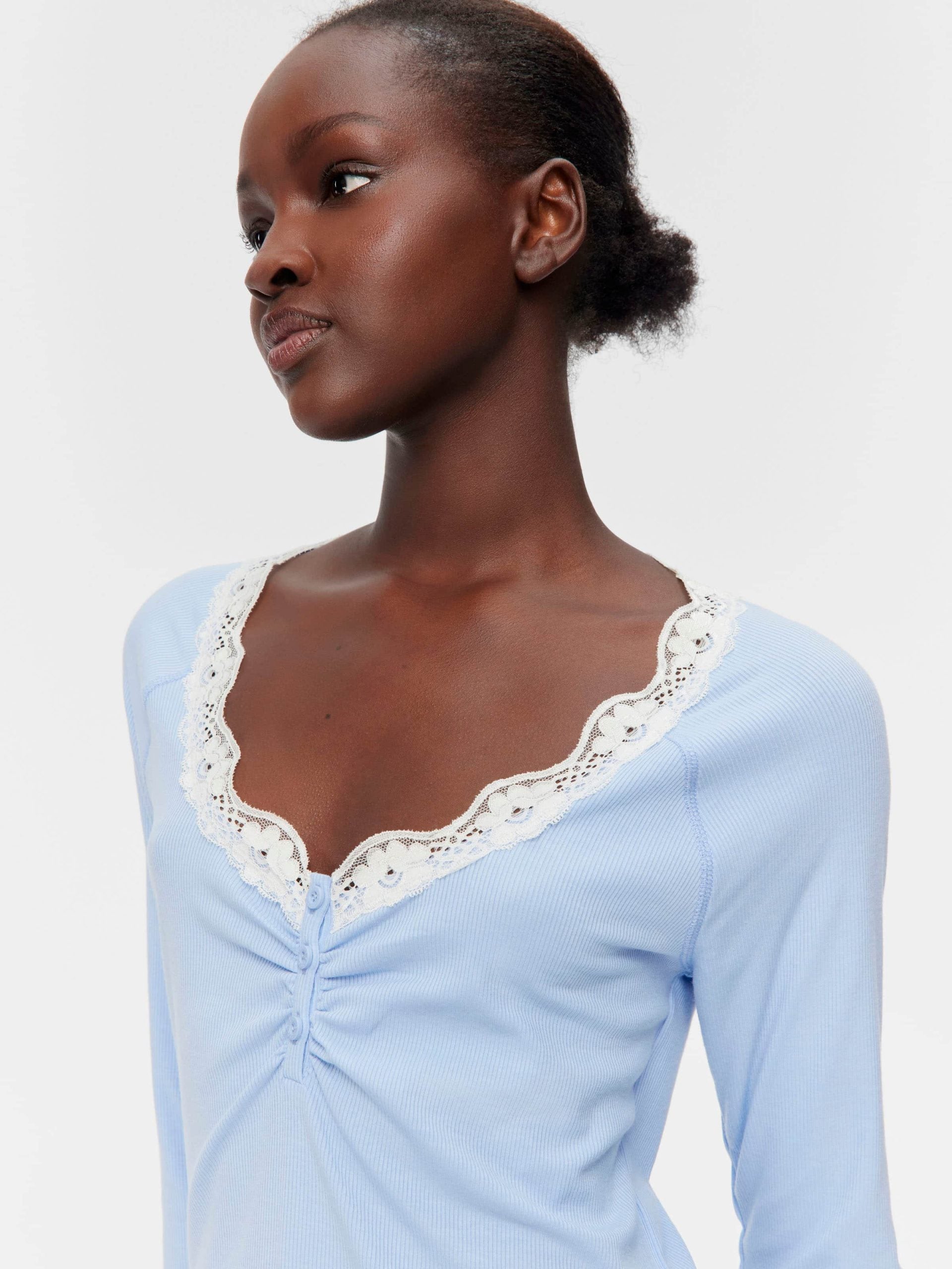 Bamboo Rib Long Sleeve Lace Trim Nightie Blue image 2