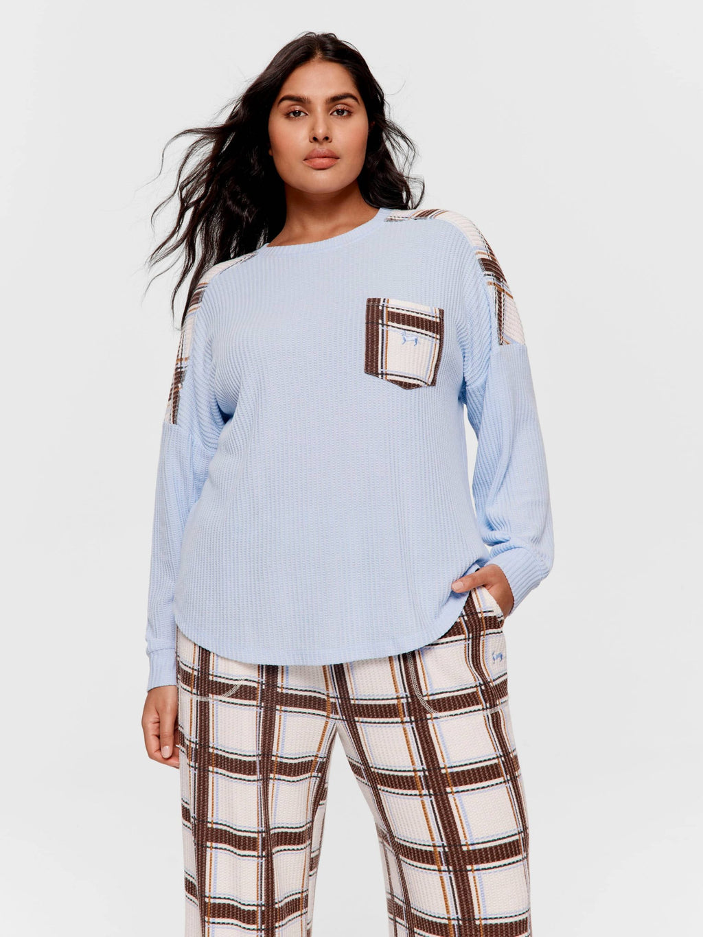 P.A. Plus Brushed Waffle Check Oversized Long Sleeve Top Blue image 1
