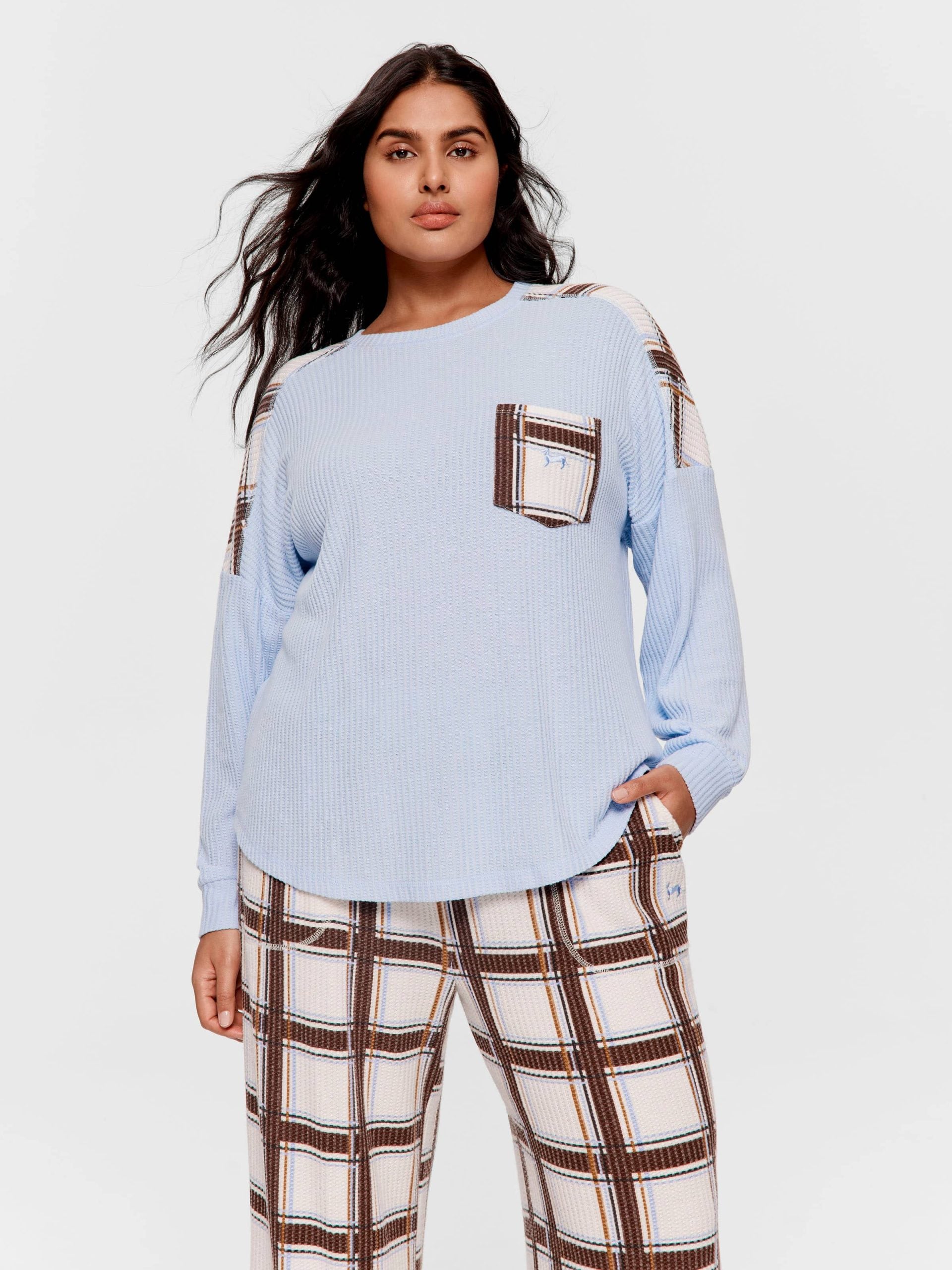 P.A. Plus Brushed Waffle Check Oversized Long Sleeve Top Blue image 1