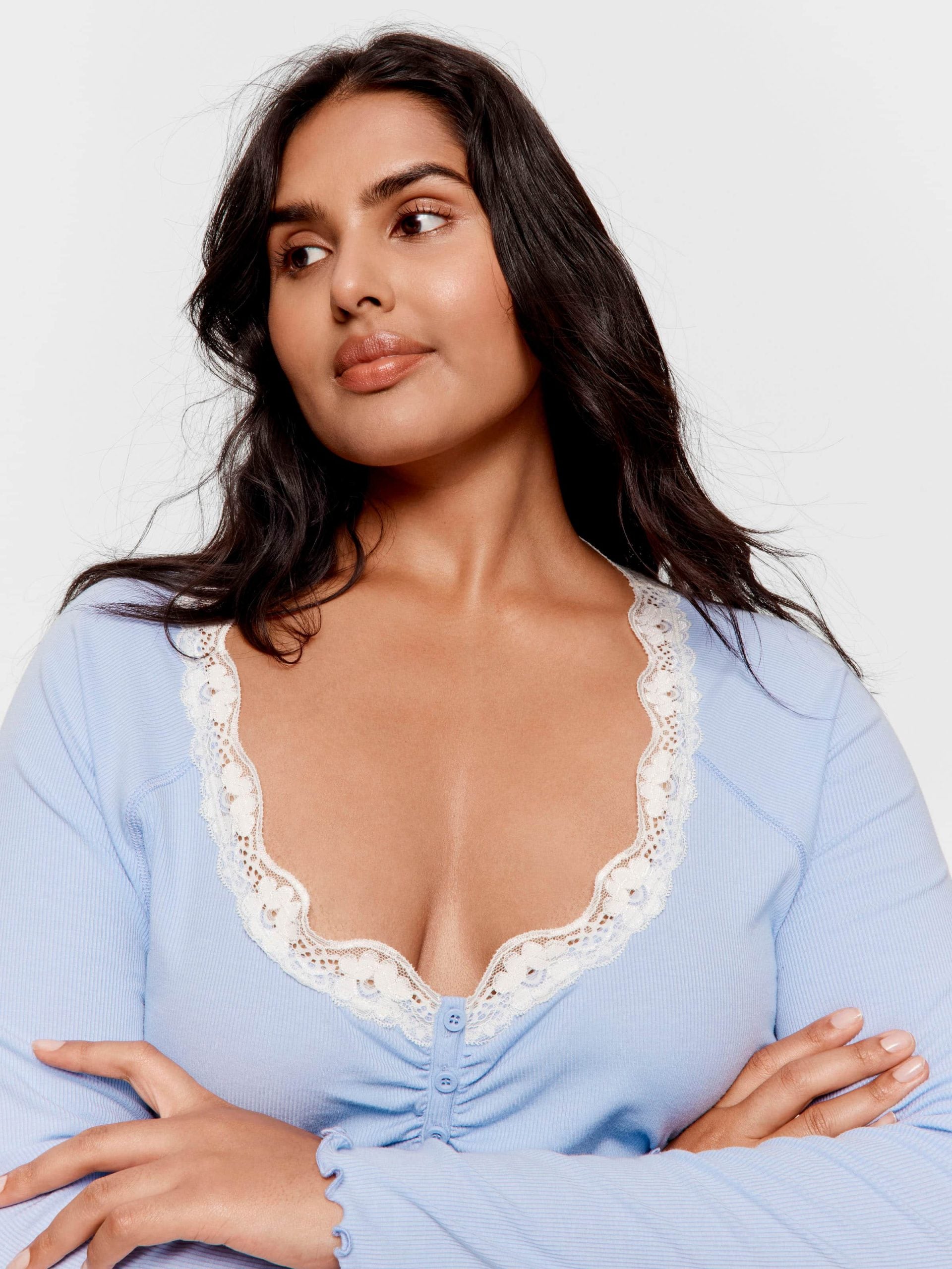 P.A. Plus Bamboo Rib Long Sleeve Lace Trim Nightie Blue image 2