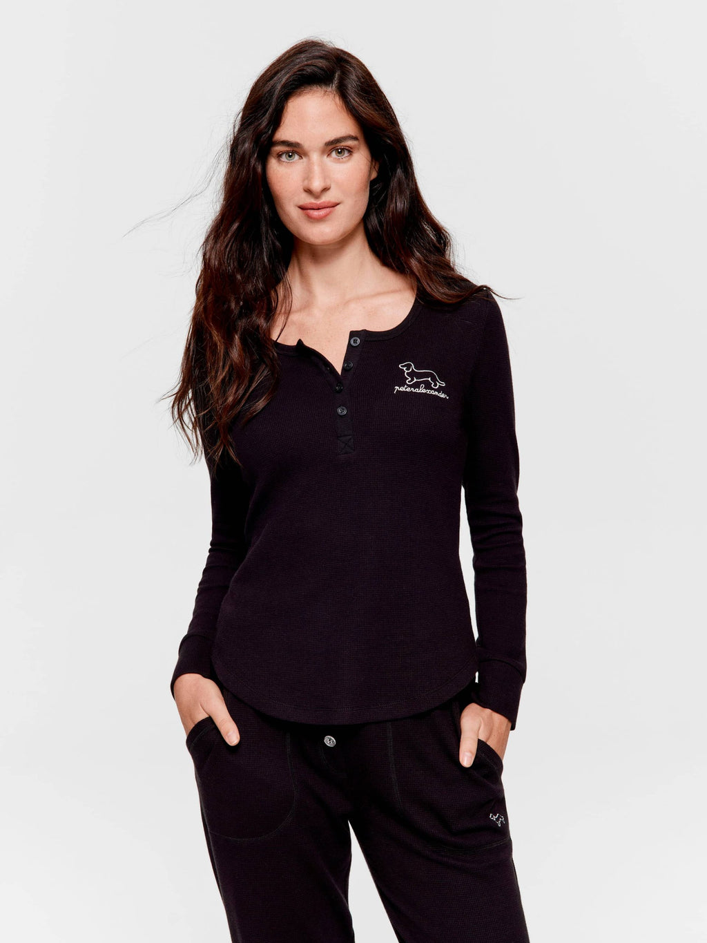 Black Waffle Henley Long Sleeve Top Black image 1