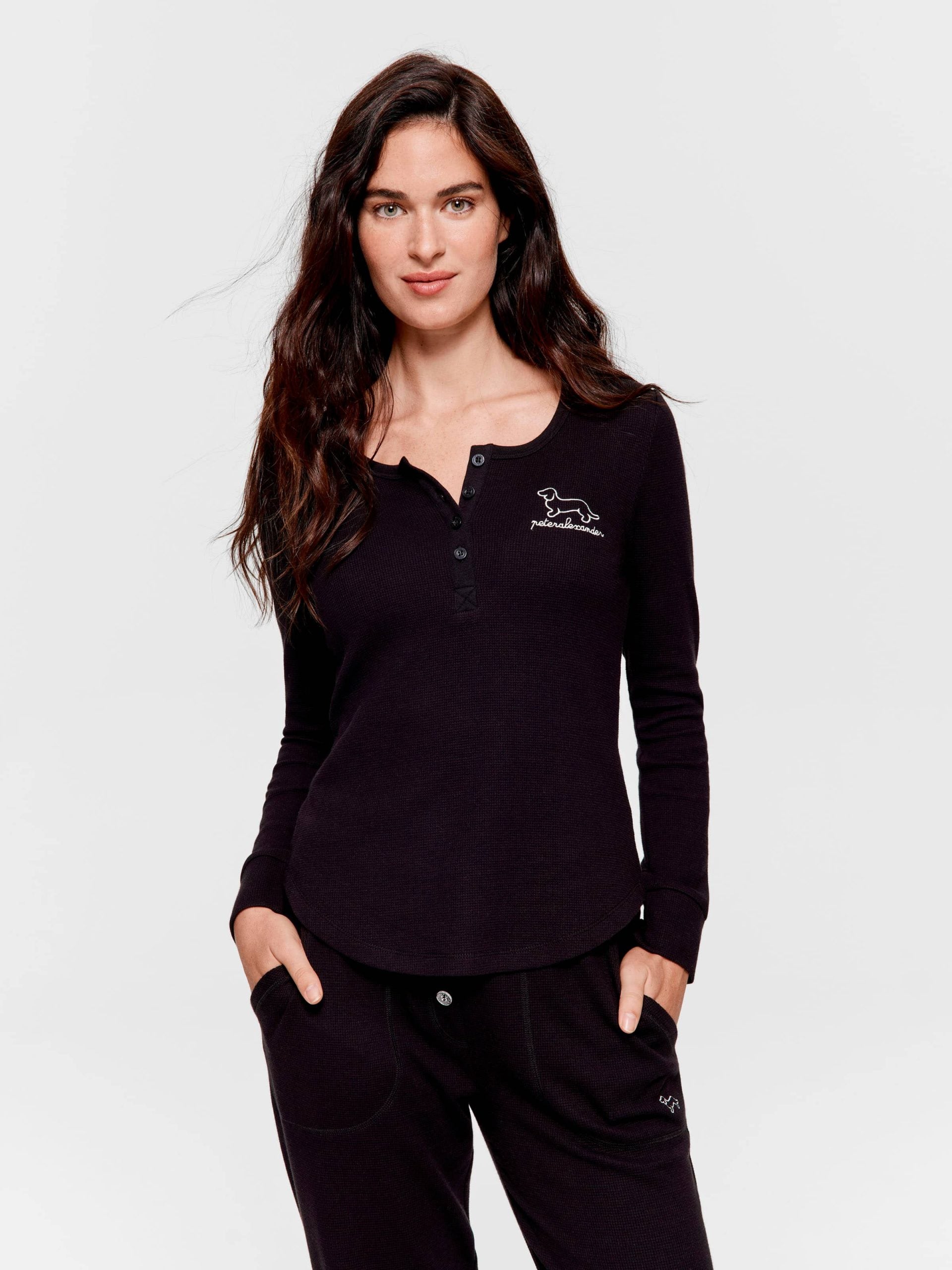 Black Waffle Henley Long Sleeve Top Black image 1
