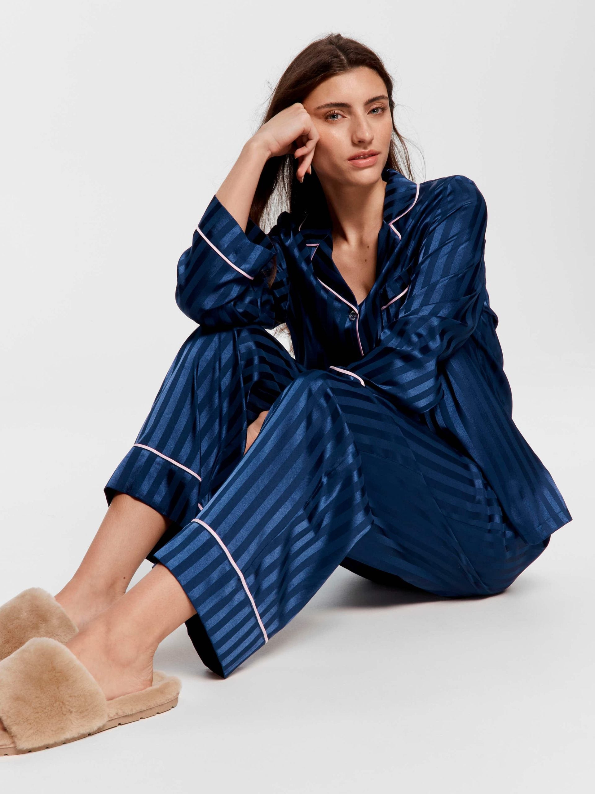 Navy Stripe Chic Satin Long Sleeve Pj Set Navy Stripe image 0