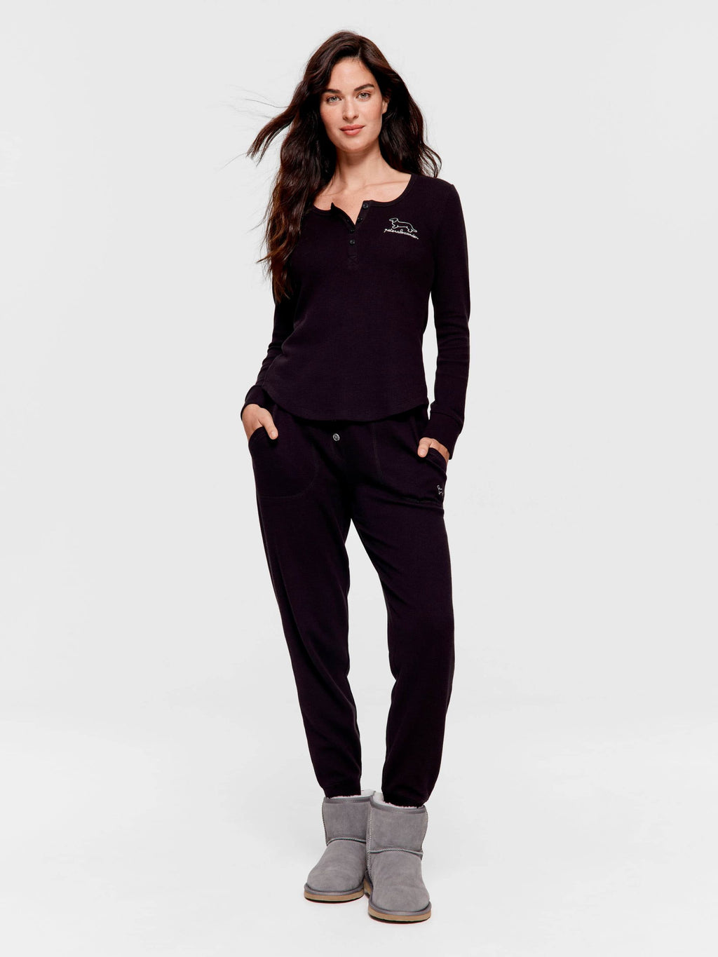 Black Waffle Henley Long Sleeve Top Black image 2