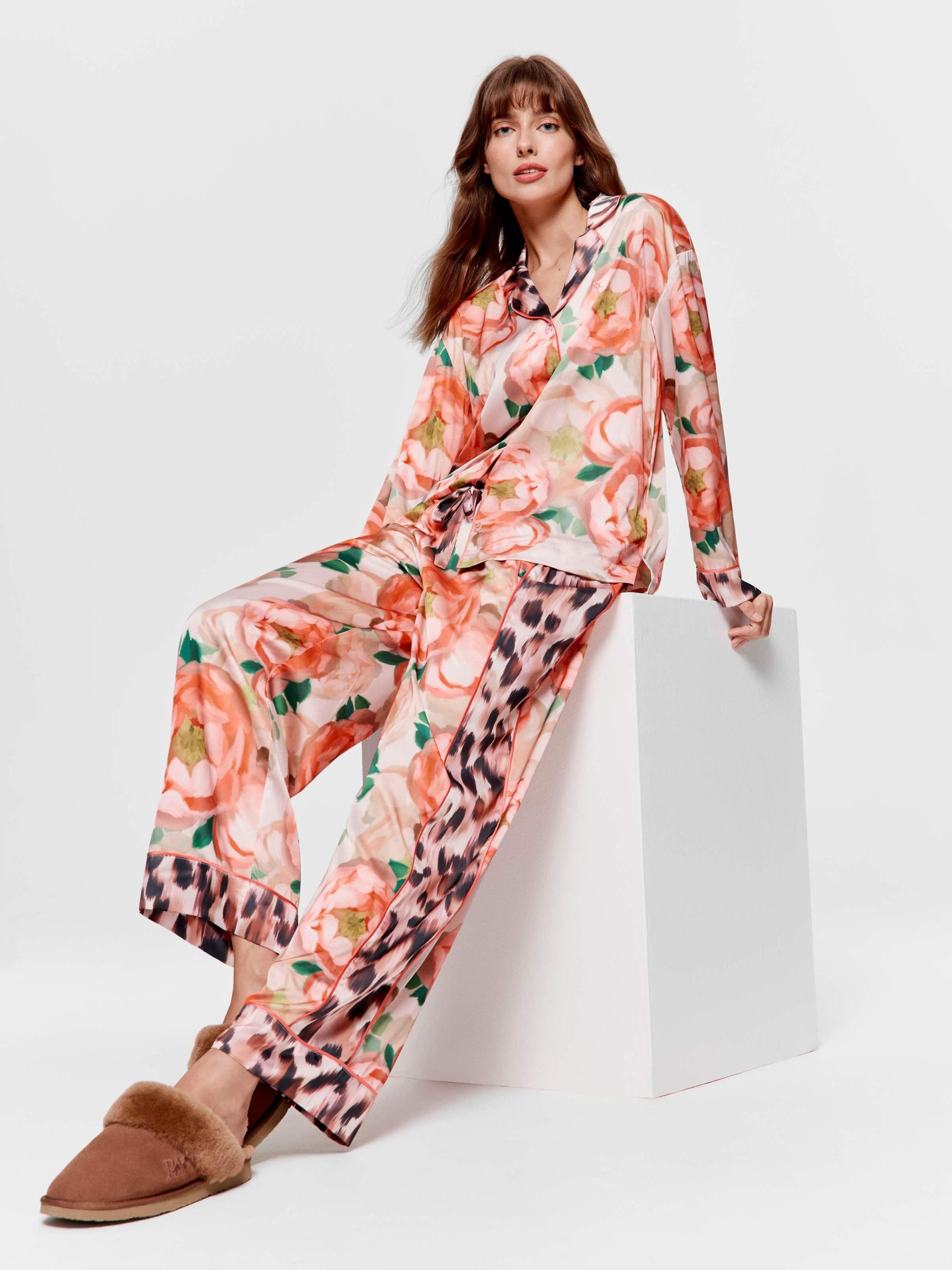 Floral Leopard Satin Long Sleeve Pj Set multi image 0