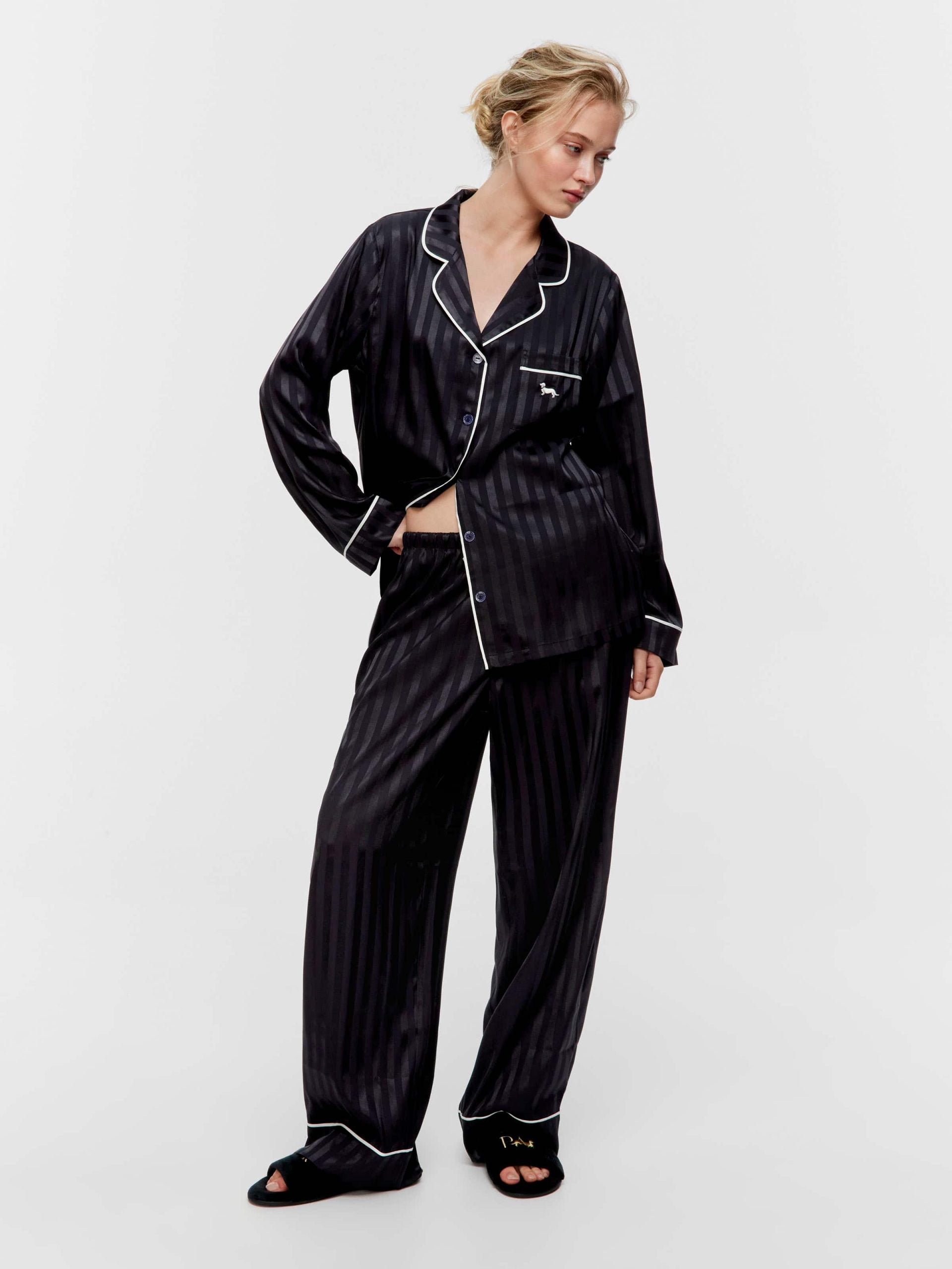 Black Stripe Chic Satin Long Pj Set Black Stripe image 1