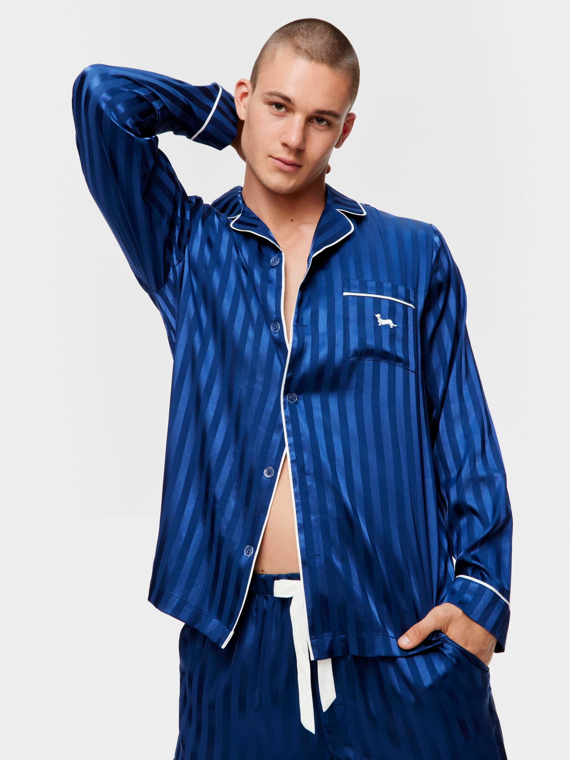 Navy Self Stripe Long Sleeve Satin Set navystripe image 0