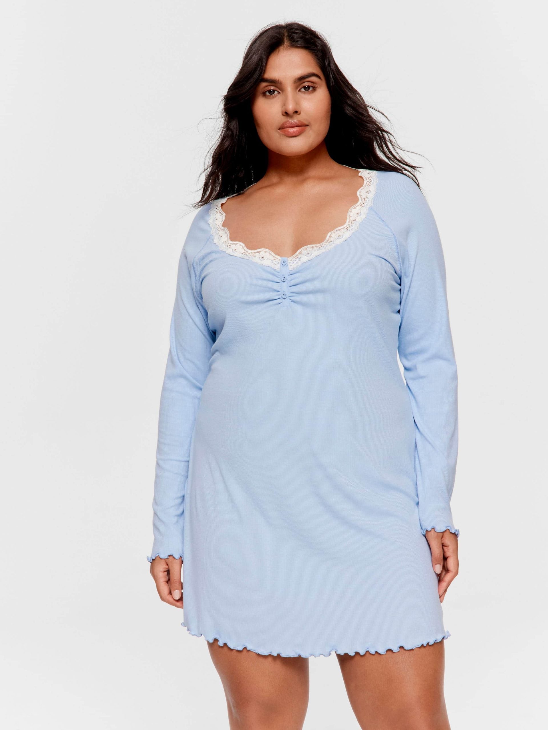 P.A. Plus Bamboo Rib Long Sleeve Lace Trim Nightie Blue image 1