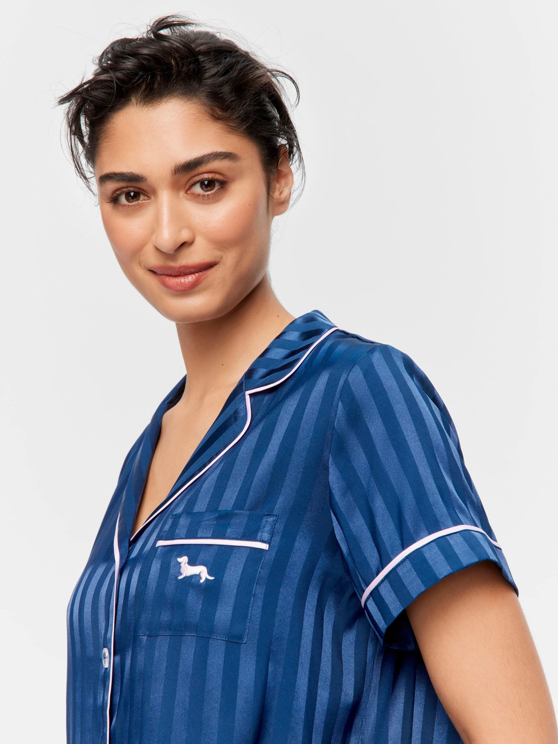 Navy Stripe Chic Satin Short Sleeve &amp;amp; Pant Pj Set Navy Stripe image 2