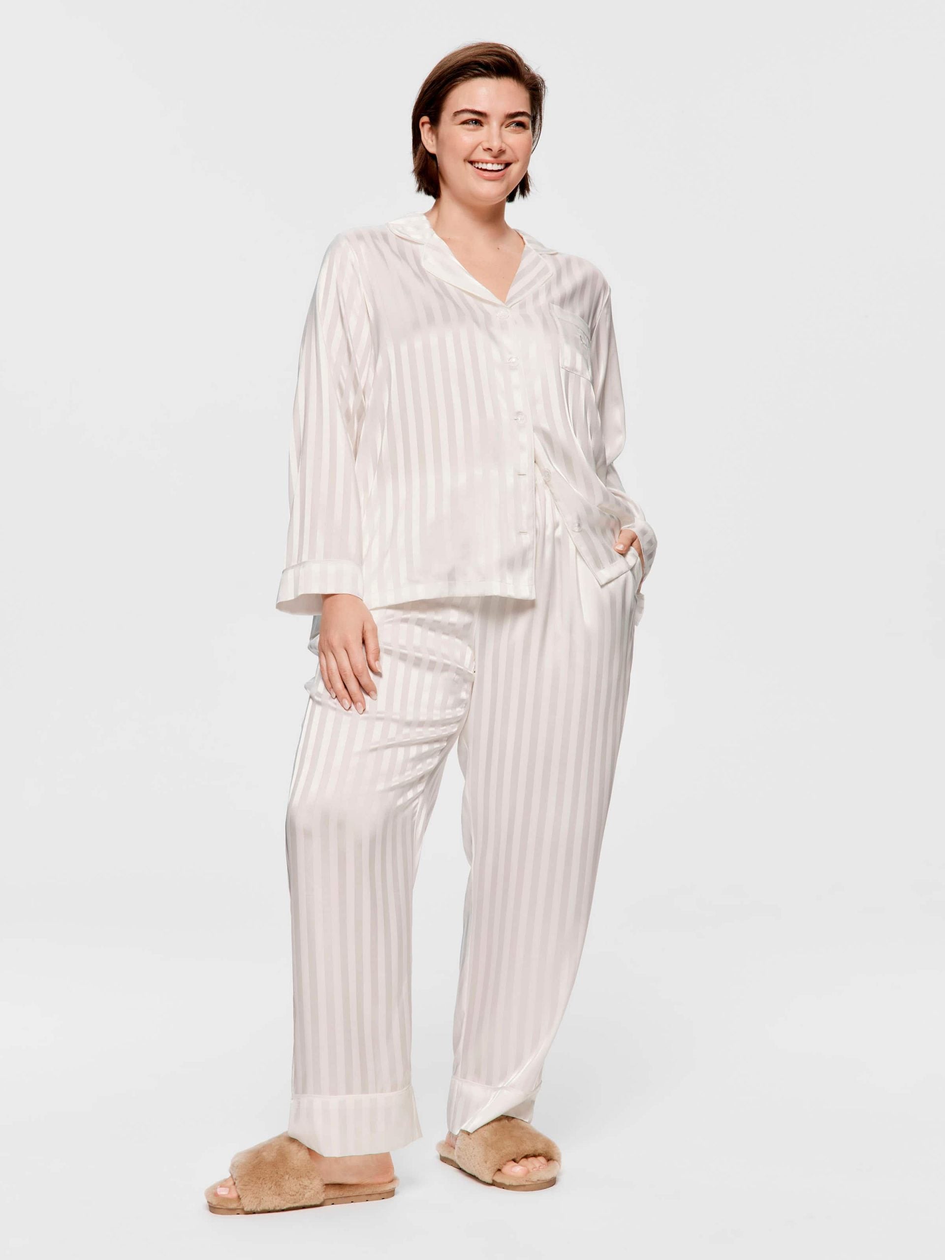 P.A. Plus White Stripe Chic Satin Long Sleeve Pj Set White image 1
