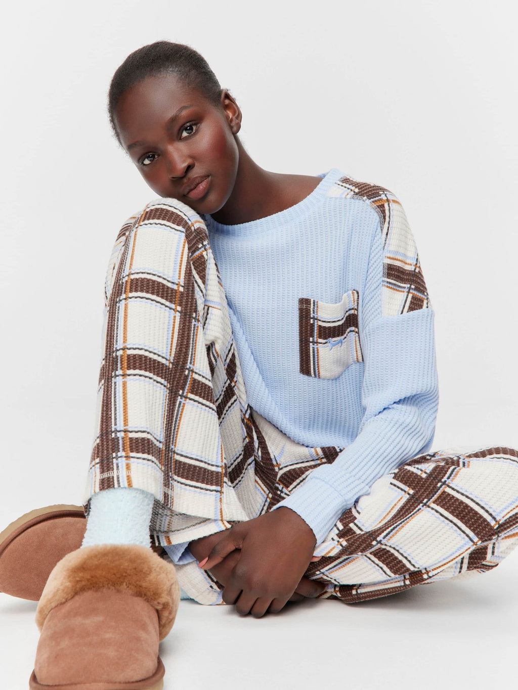 Brushed Waffle Check Wide Leg Pj Pant Multi image 2