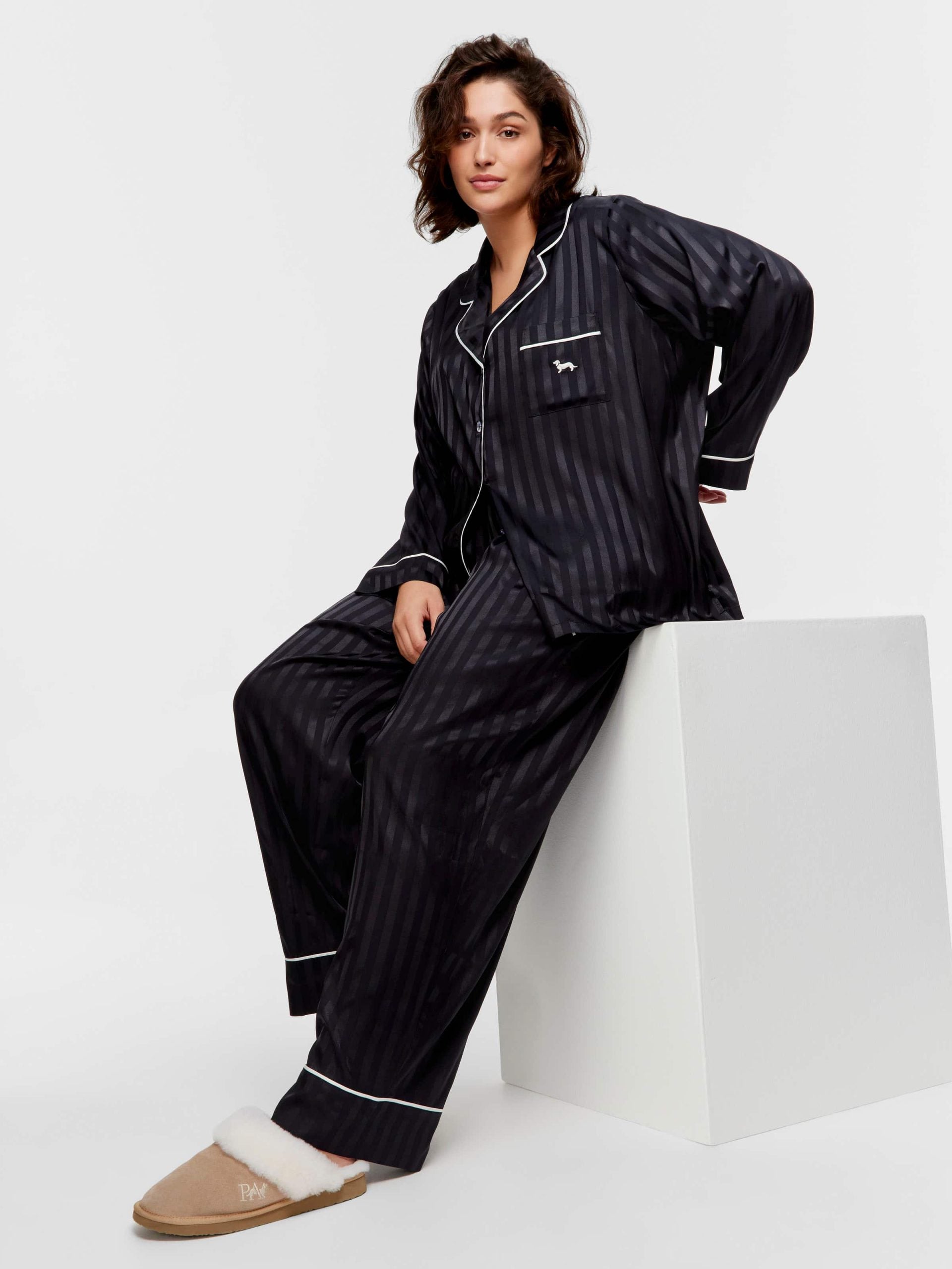 P.A. Plus Black Stripe Chic Satin Long Pj Set Black Stripe image 1