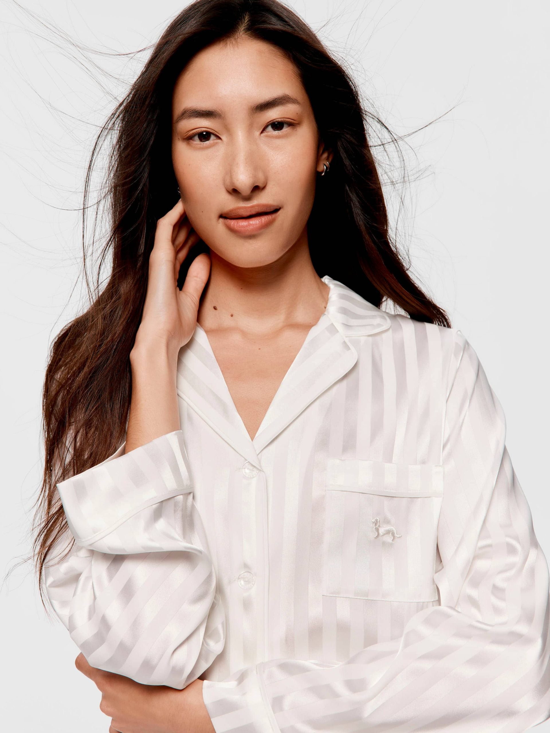 White Stripe Chic Satin Long Sleeve Pj Set white image 1