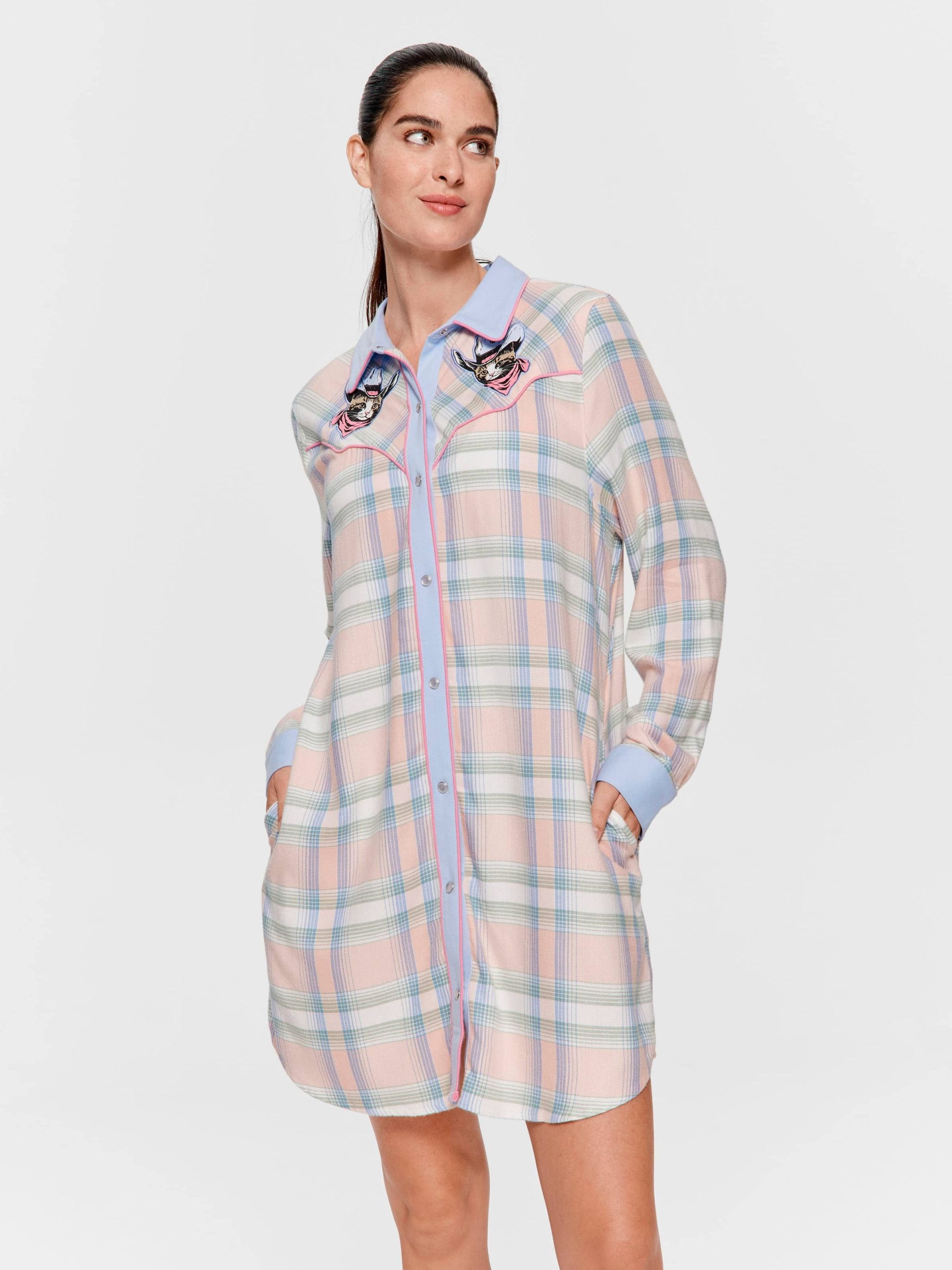 Cowboy Kitty Long Sleeve Flannelette Nightshirt Multi image 0