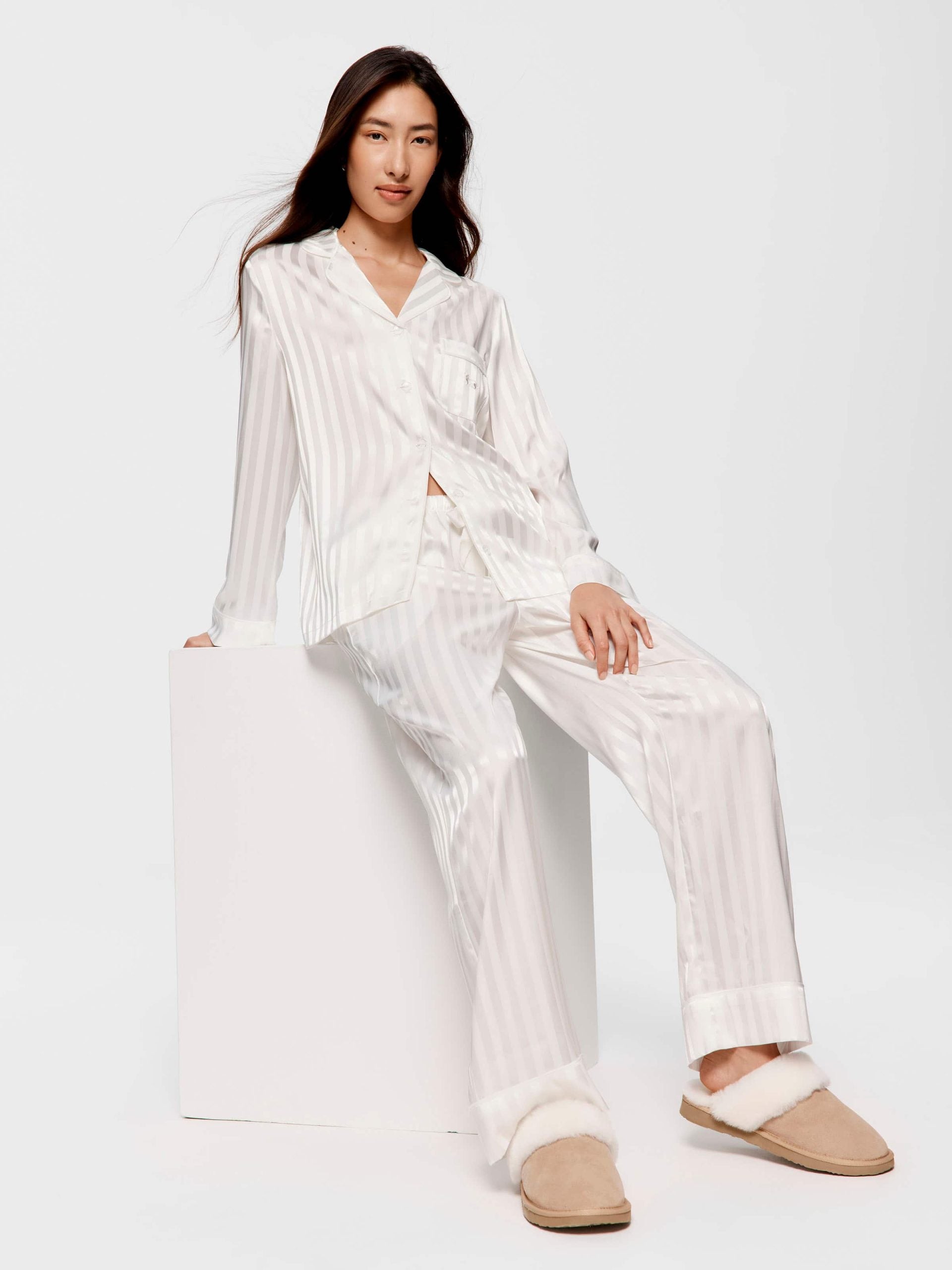 White Stripe Chic Satin Long Sleeve Pj Set white image 0