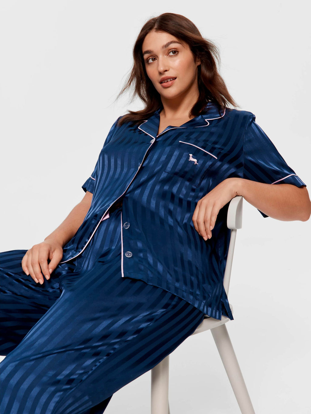 P.A. Plus Navy Stripe Chic Satin Short Sleeve &amp;amp; Pant Pj Set Navy Stripe image 1
